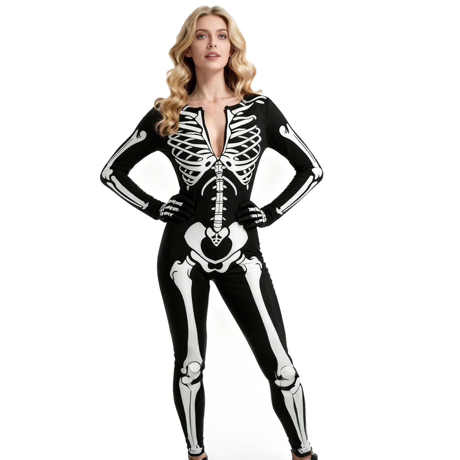Forfamy Glow in The Dark Skeleton Costume Women for Halloween Adults White Glowing Halloween Zipper Jumpsuit (Style-2, L)