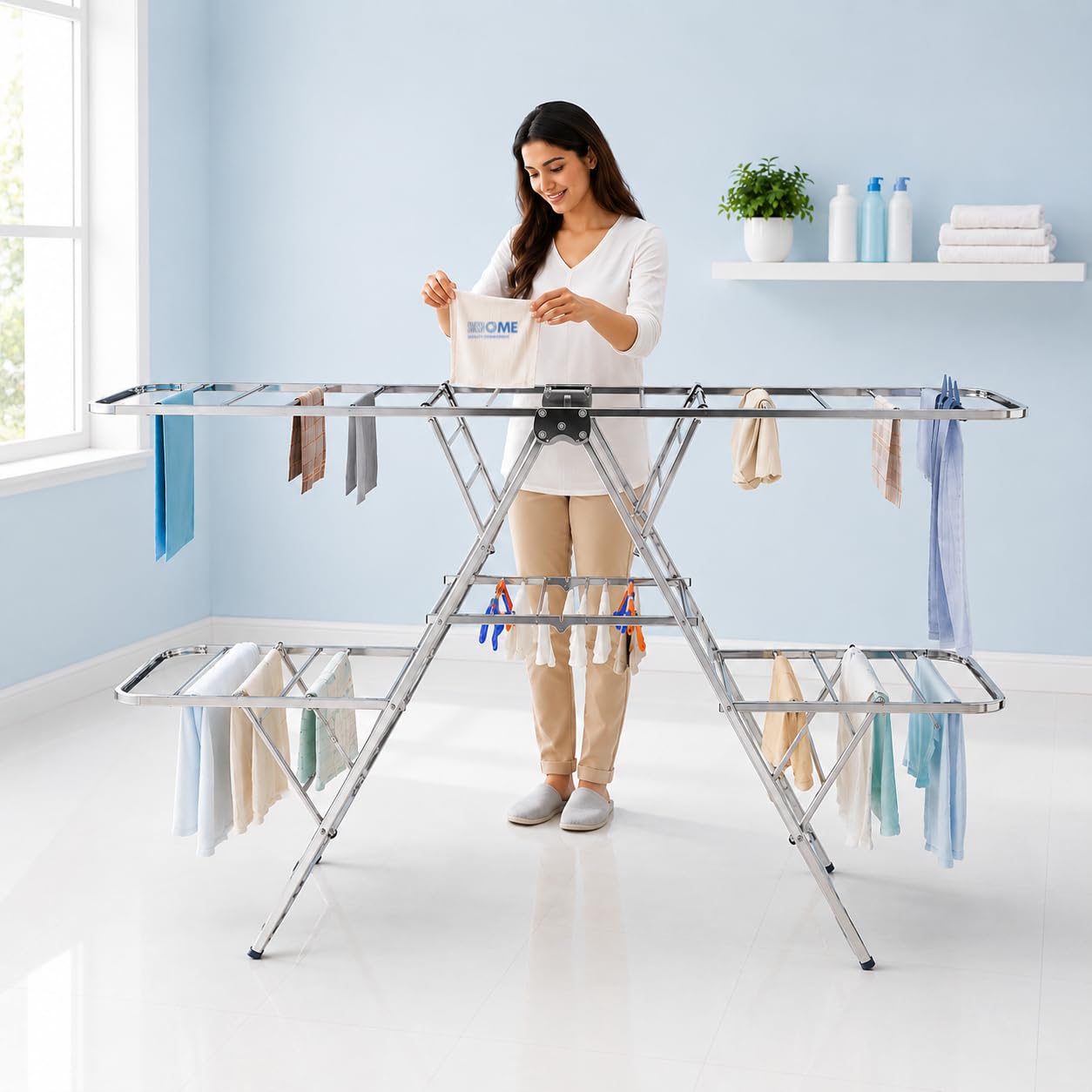 SwissHome Stainless Steel Cloth Dryer Stand Double Zig-Zag Foldable Winger Design, Heavy-Duty, Rust-Resistant, Space-Saving Laundry Rack for Balcony, Indoor & Outdoor Use-image-11