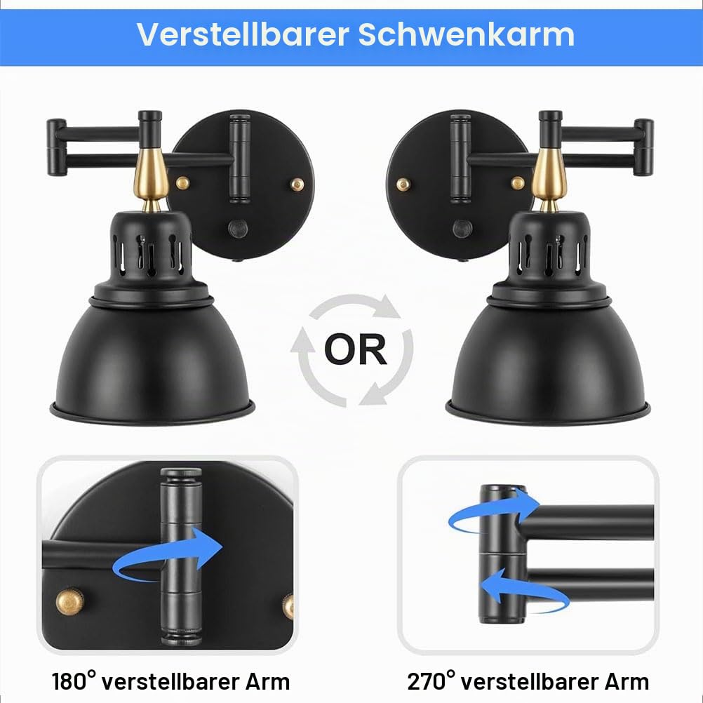 Vintage Wandleuchte Dimmbar mit Schalter Innen Wandlampe Verstellbar 2 Schwenkbar Arm Schwarz Industrial Retro Lampe Wand aus Metall E27 Wandleuchte mit Stecker und Kabel für Wohnzimmer Schlafzimmer
