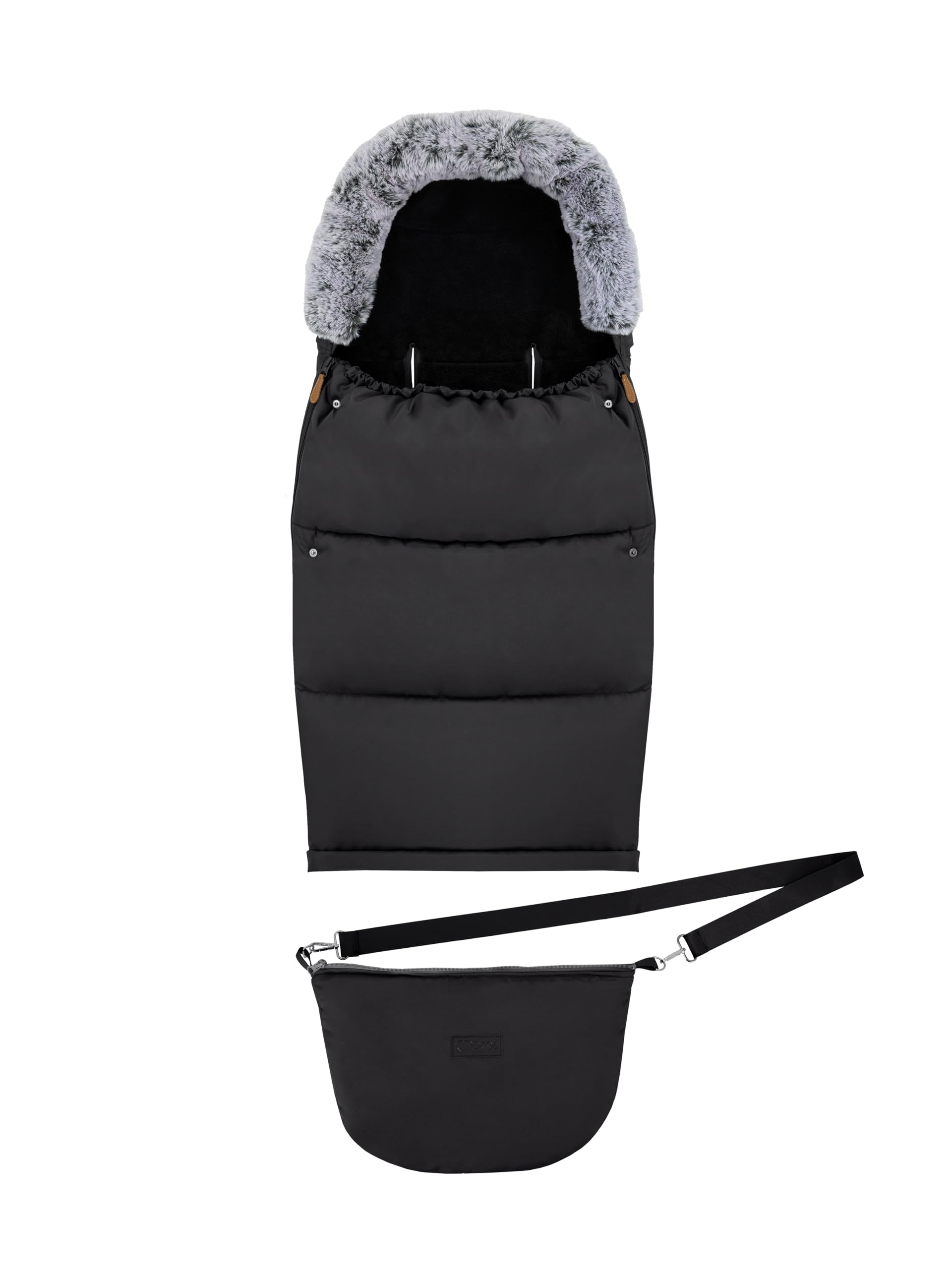 MoMi Fußsack 2 in 1 für Kinderwagen, Schlitten oder Autositz, mit Kapuze, Fellbesatz und abnehmbarem Fußteil, Reißverschluss links und rechts, Gurtschlitze, wasserabweisend