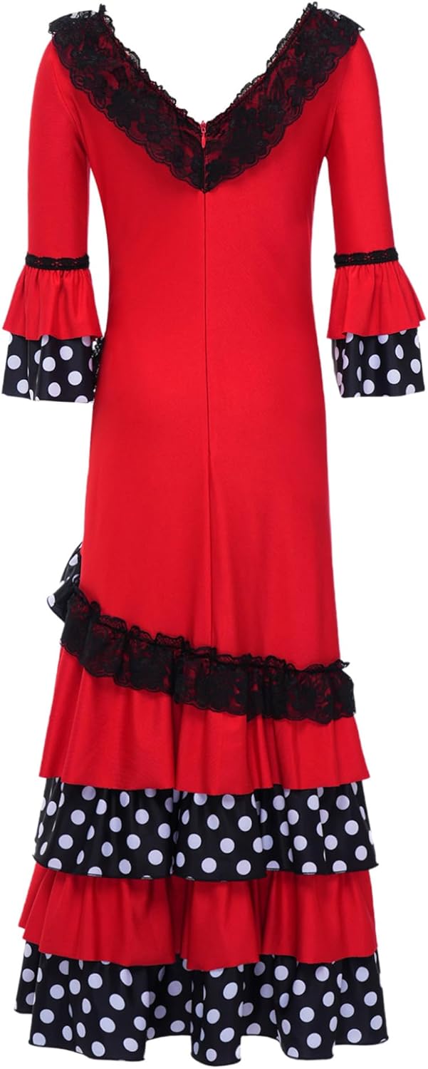 Kids Girls Flamenco Dancer Performance Costume Spanish Dance Dress Lace V Neck Polka Dots Folk Dance Dresses