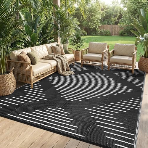 Garvee 10x14 Outdoor Rugs Waterproof Easy-Cleaning for Patio Black White - Image 2