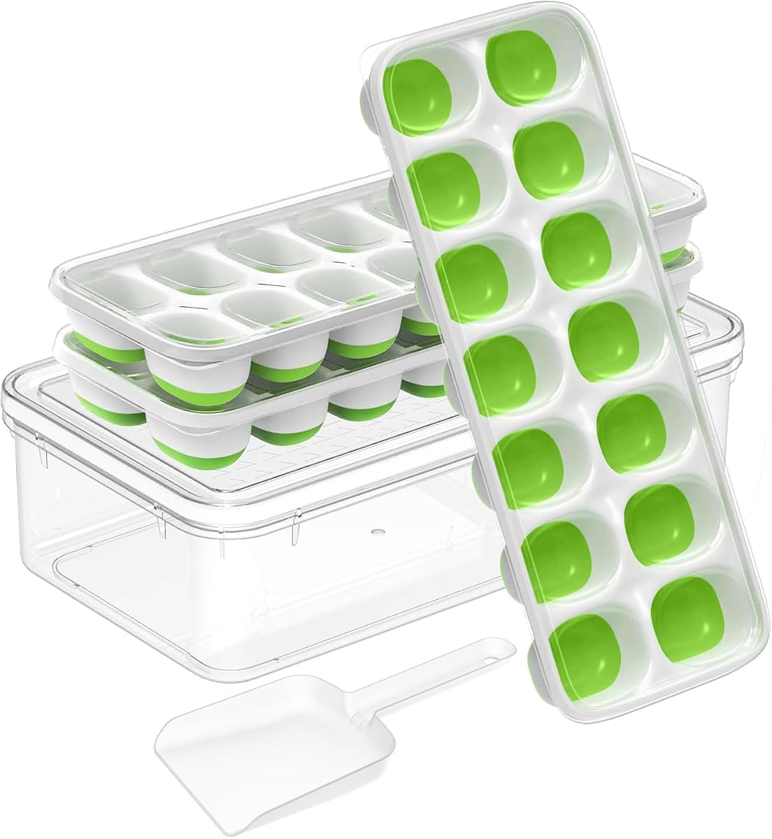 3-Pack Ice Cube Trays with Lids - 42-Cube Durable Silicone & Plastic Easy Release Ice Molds with Storage Container & Scoop for Kitchen, RV, Cocktails, Coffee & Drink