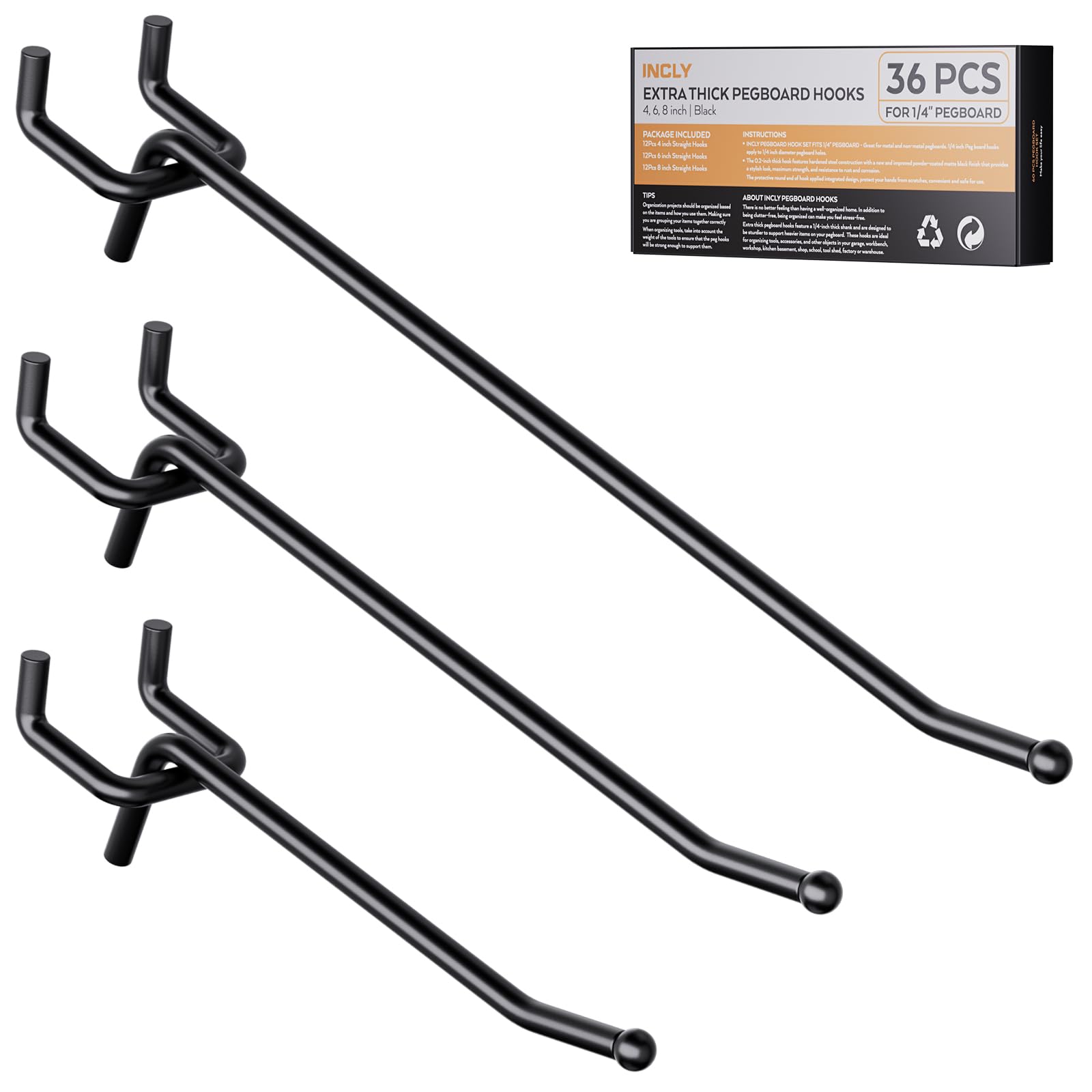 INCLY Paquete de 36 ganchos negros de 4/6/8 pulgadas, ganchos de estante de tablero de clavijas resistentes de 1/4 pulgadas, ganchos de herramientas para tablero de clavijas de 1/4 pulgadas para