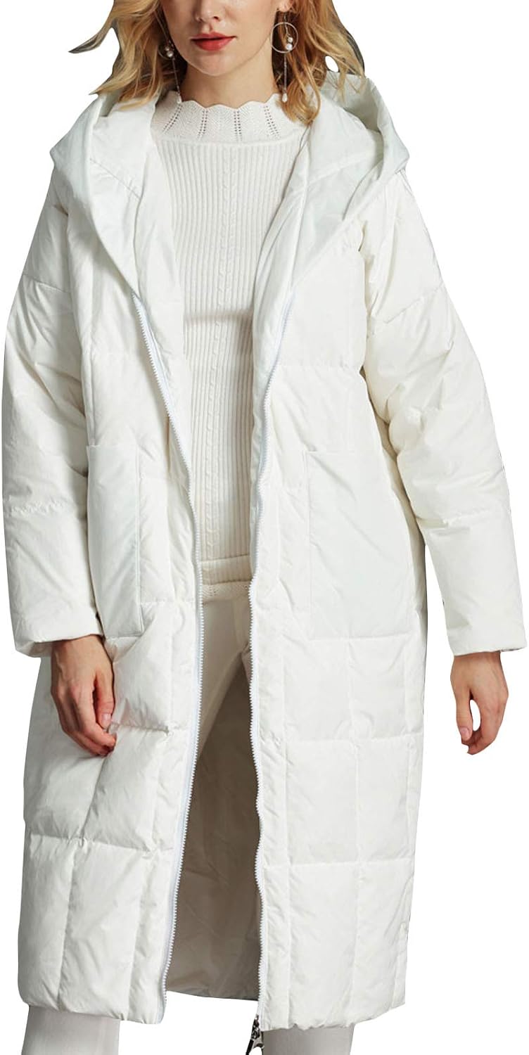 Flygo Women's Winter Coats Hooded Loose Mid-Long Quilted Puffer Down Jacket