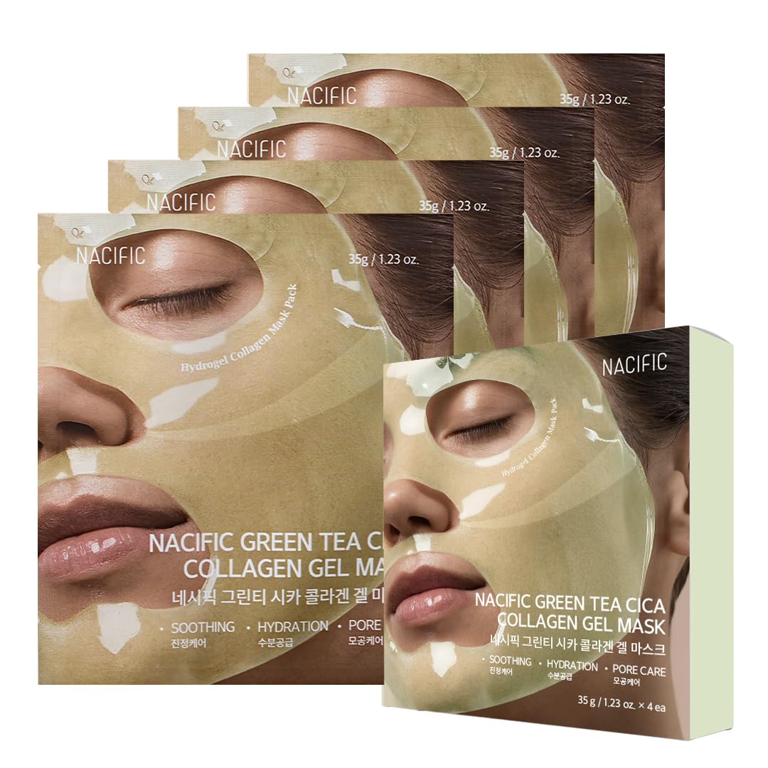 NACIFIC Collagen Gel Facial Mask (Green Tea Cica) 4EA Set, Hydrogel Care for All Skin Types, Hydrating, Firming, Elasticity, Pore Minimizing, Glass Glow Skin, Korean Beauty, Christmas Gifts for Women