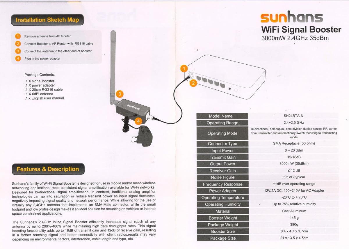 Amplificatore di Segnale WiFi per Interni SH24BTA-N 3000mW 35dBm 2.4GHz 802.11b/g/n Drone Singal Extender Amplificatore WiFi per Casa, Ufficio, UAV, Telecamere IP, Attrezzature RC