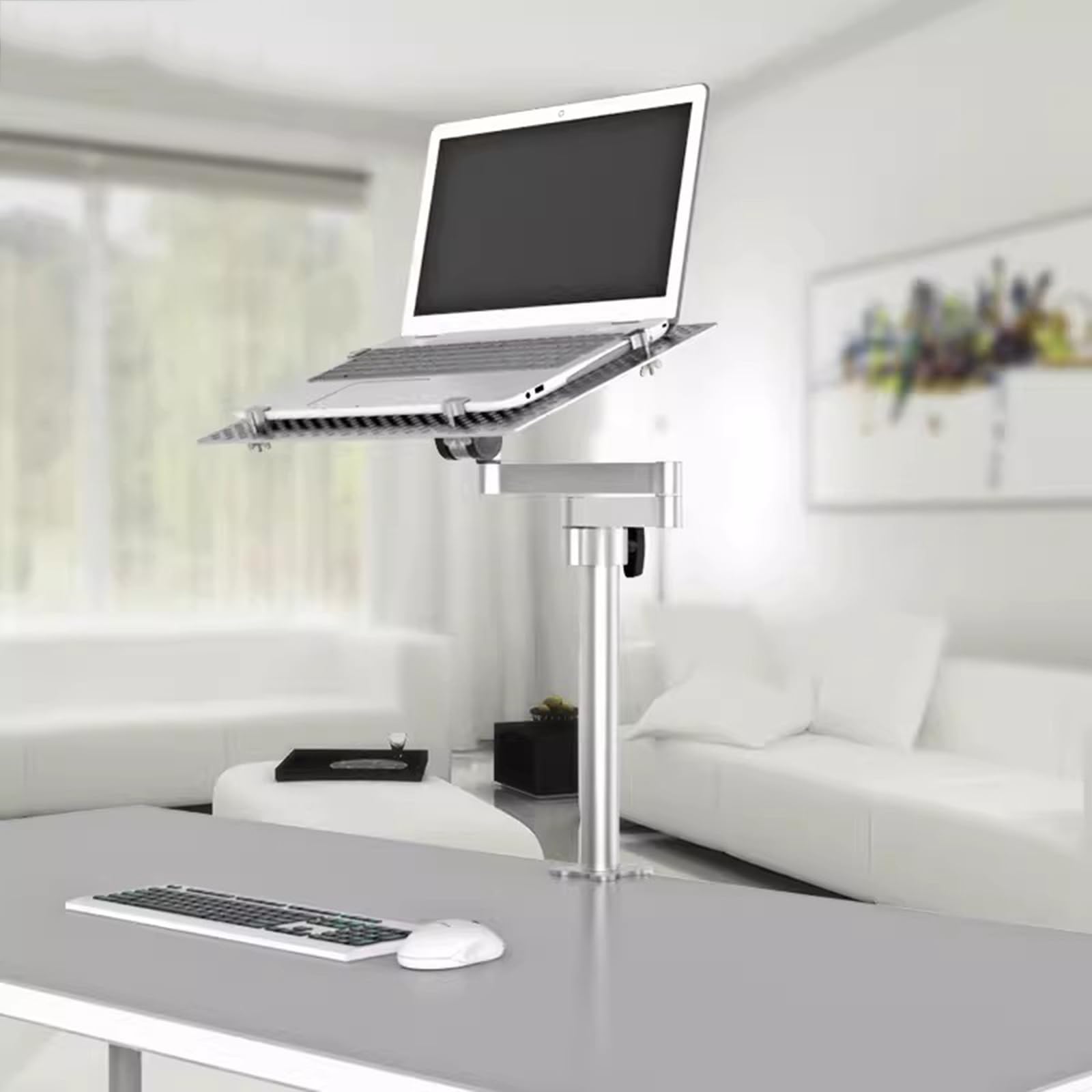 Soporte de brazo para laptop, bandeja articulada de movimiento completo con plataforma de refrigeración ventilada, soporta hasta 8 kg, ideal para estación de trabajo en casa y oficina
