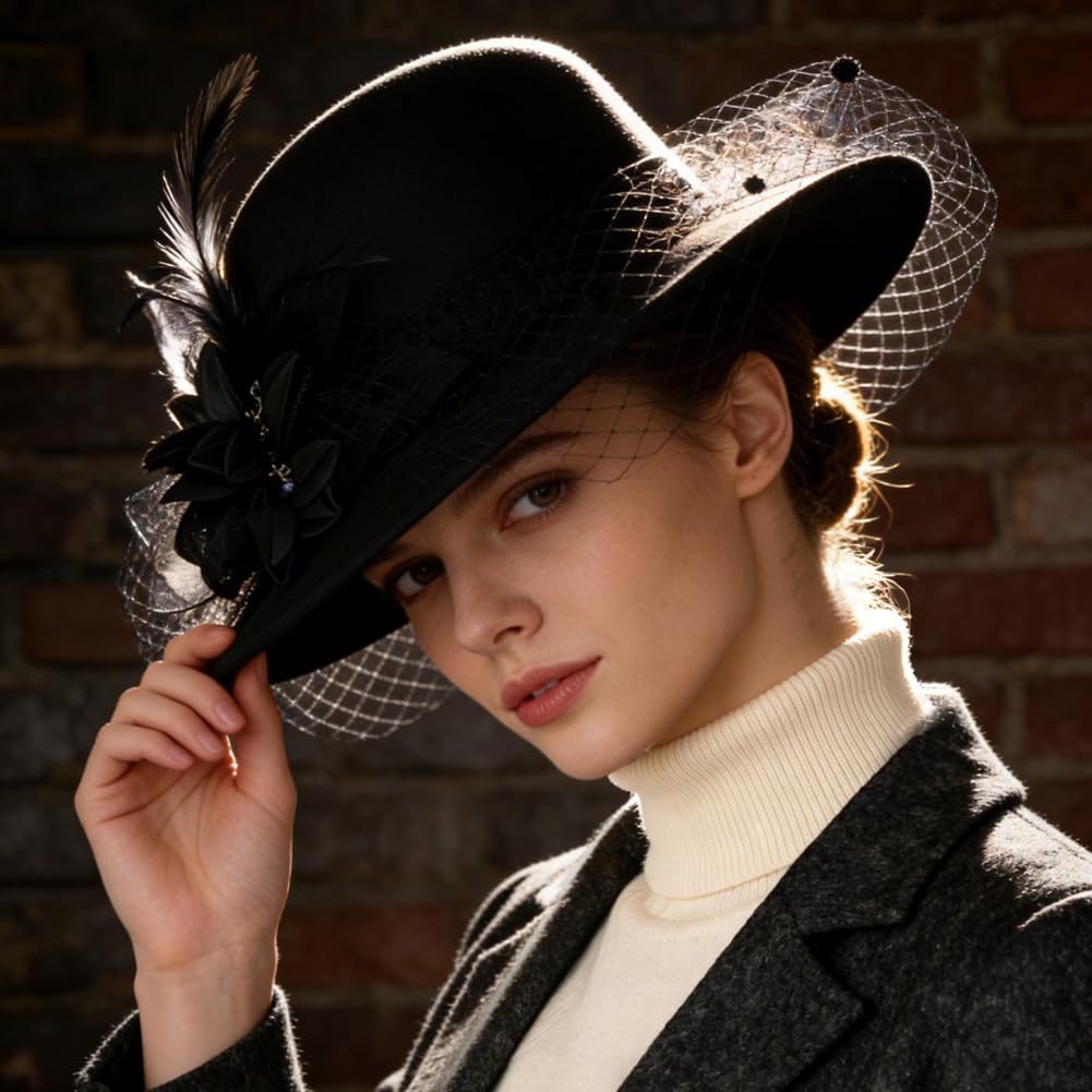 YJZQ Femmes Chapeau Melon en Feutre élégant Chapeau Cloche à Fleur Voile Bonnet Charleston année 20 Couvre-Chef Style Vintage 56-58CM