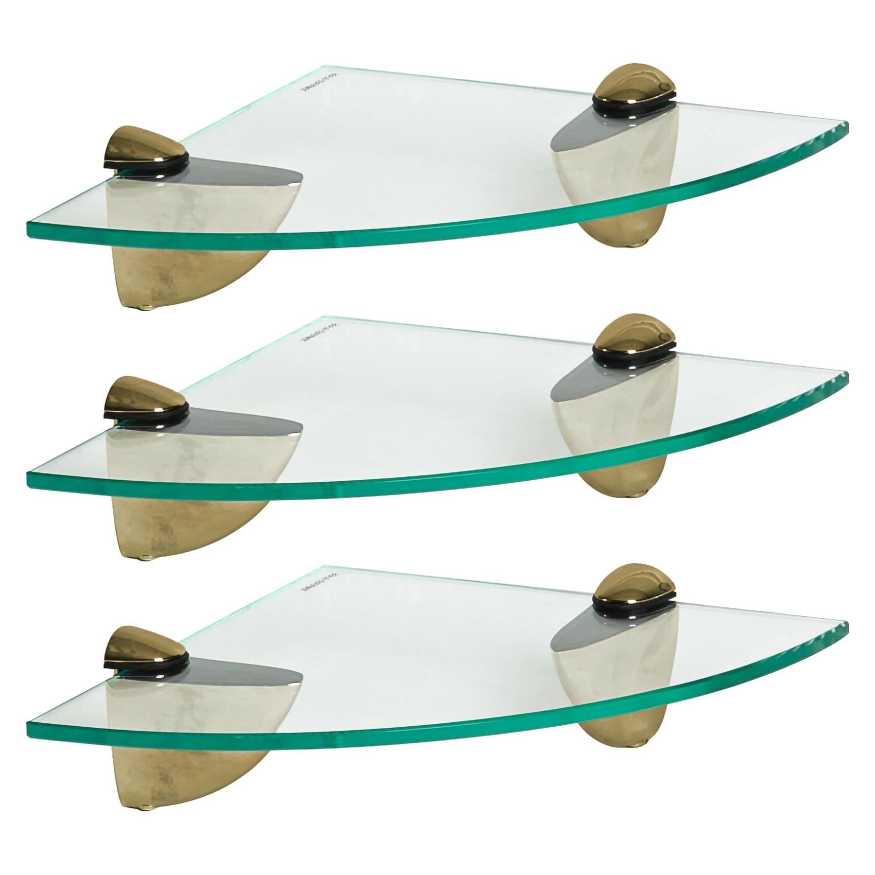 Harbour Housewares Floating Glass Bathroom Corner Shelves - 20cm - Clear/Gold - 3x Wall-Mounted Kitchen Bedroom Shower Room Décor Caddy Towel Storage Organiser Shelving Rack with Brackets