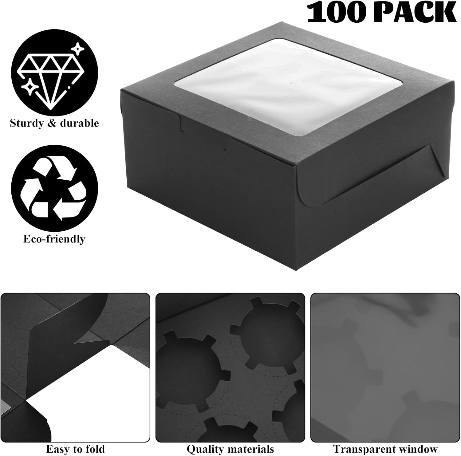 100 Pcs Cupcake Boxes, Cupcake Box Set, Black Pastry Boxes with Window and 4-Cup Inserts, 6x6x3 in Bakery Cartons for Cookies, Cakes, Muffins, Dessert Transport