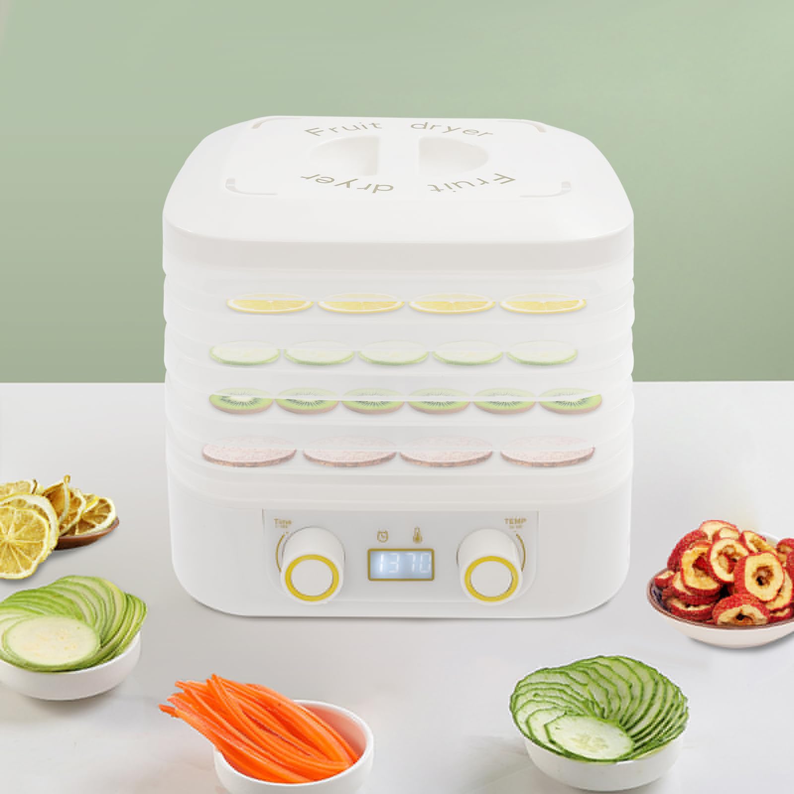 Secador de alimentos, deshidratador de frutas con 5 compartimentos, pantalla LED, deshidratador de alimentos, temperatura ajustable, temporizador de 48H, secado por circulación de 360°, para carne