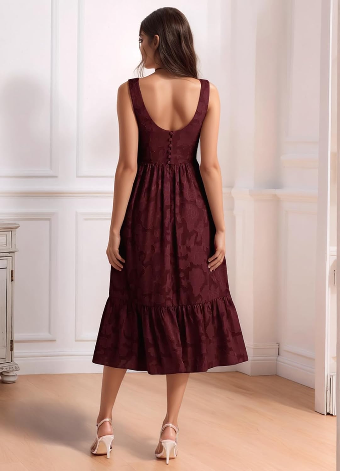 VOfuter Elegant Chiffon Jacquard Bridesmaid Dresses Tea-Length Spaghetti Straps Formal Wedding Guest Dress