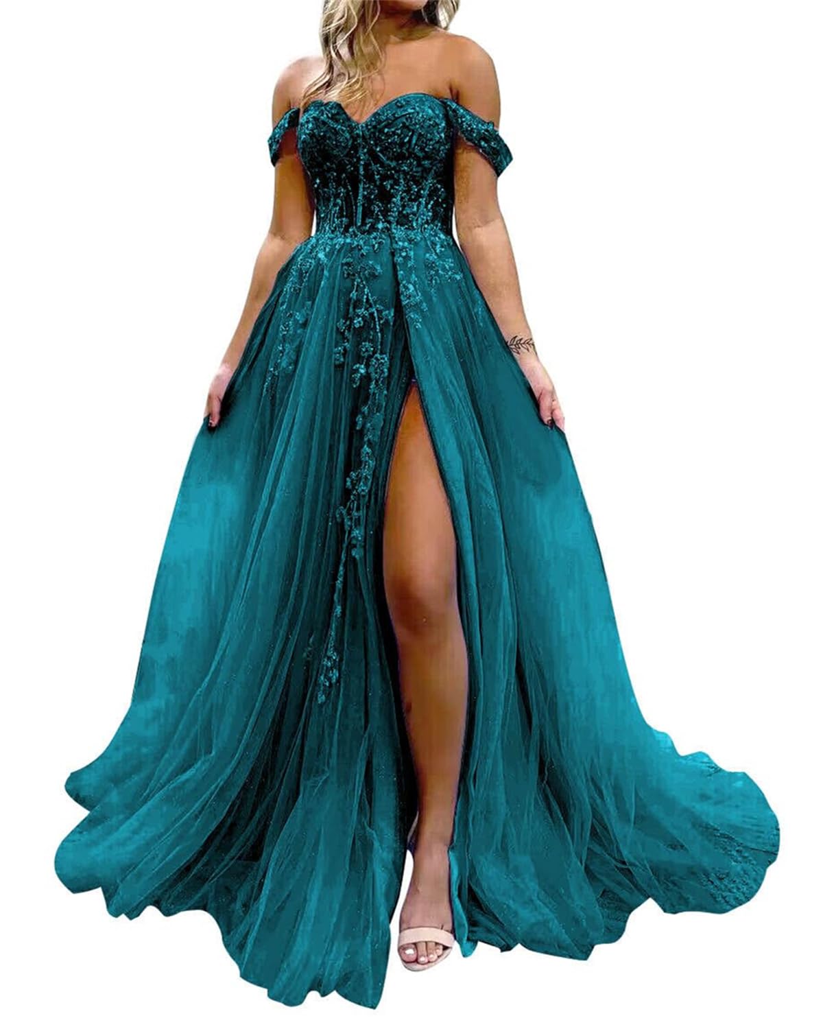 HPPEE Glitter Lace Applique Tulle Prom Dresses for Women with Slit A Line Off Shoulder Celebrity Pageant Dress Teal UK18