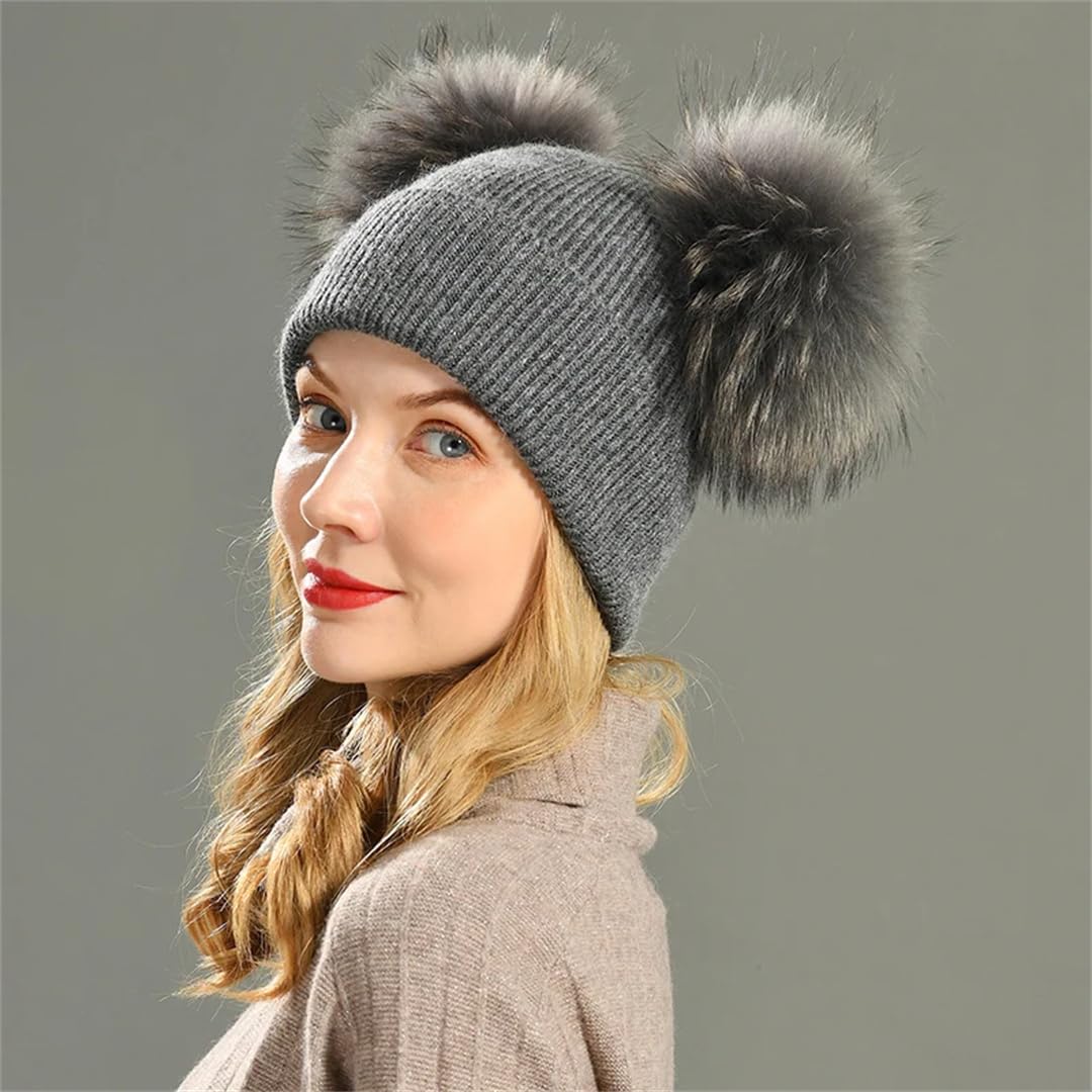 Wvapzxx Gorro Con Pompón De Piel Doble, Gorros De Invierno Para Mujer, Gorros De Lana Tejidos, Gorros, Gorros Para Niñas, Gorro Con Pompón De Dos Pieles