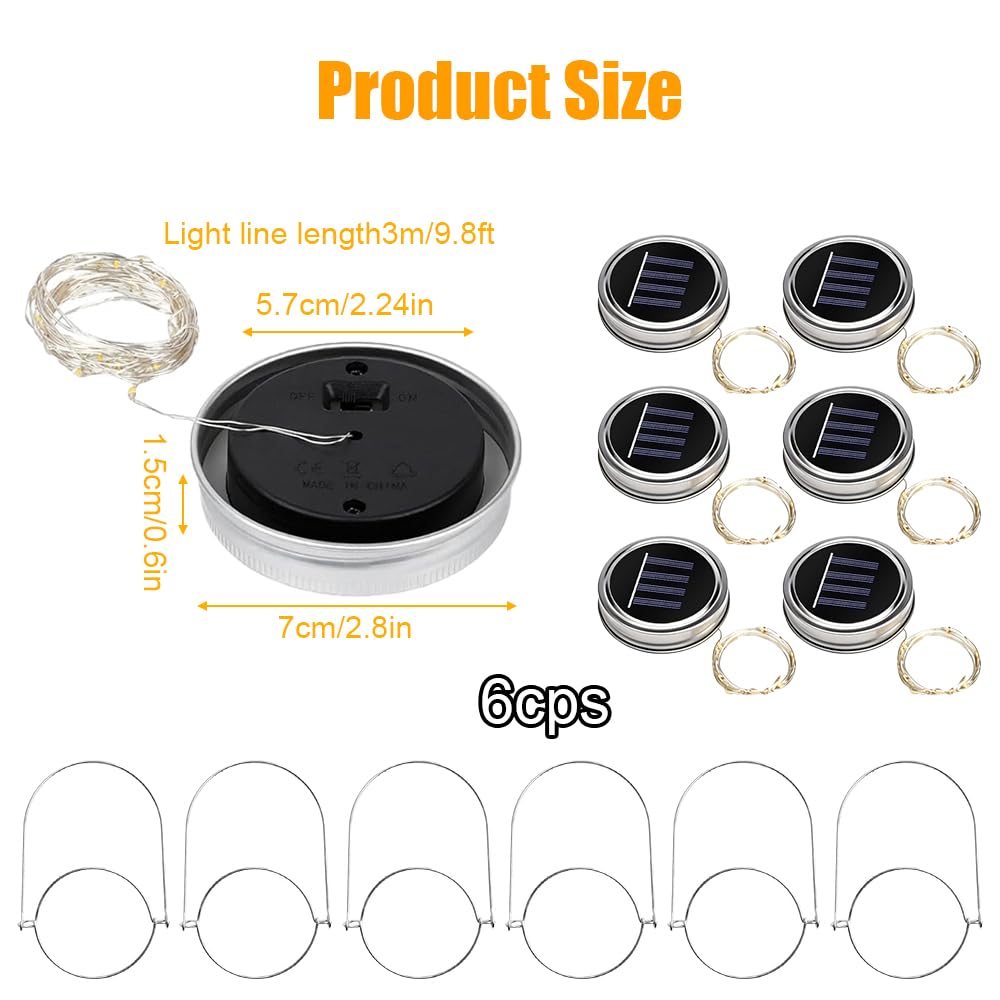 6 luci solari di ricambio, 30 LED Mason Jar, lanterna solare per esterni, con ganci, impermeabili, con coperchio per barattoli, per giardino, terrazza, balcone, feste