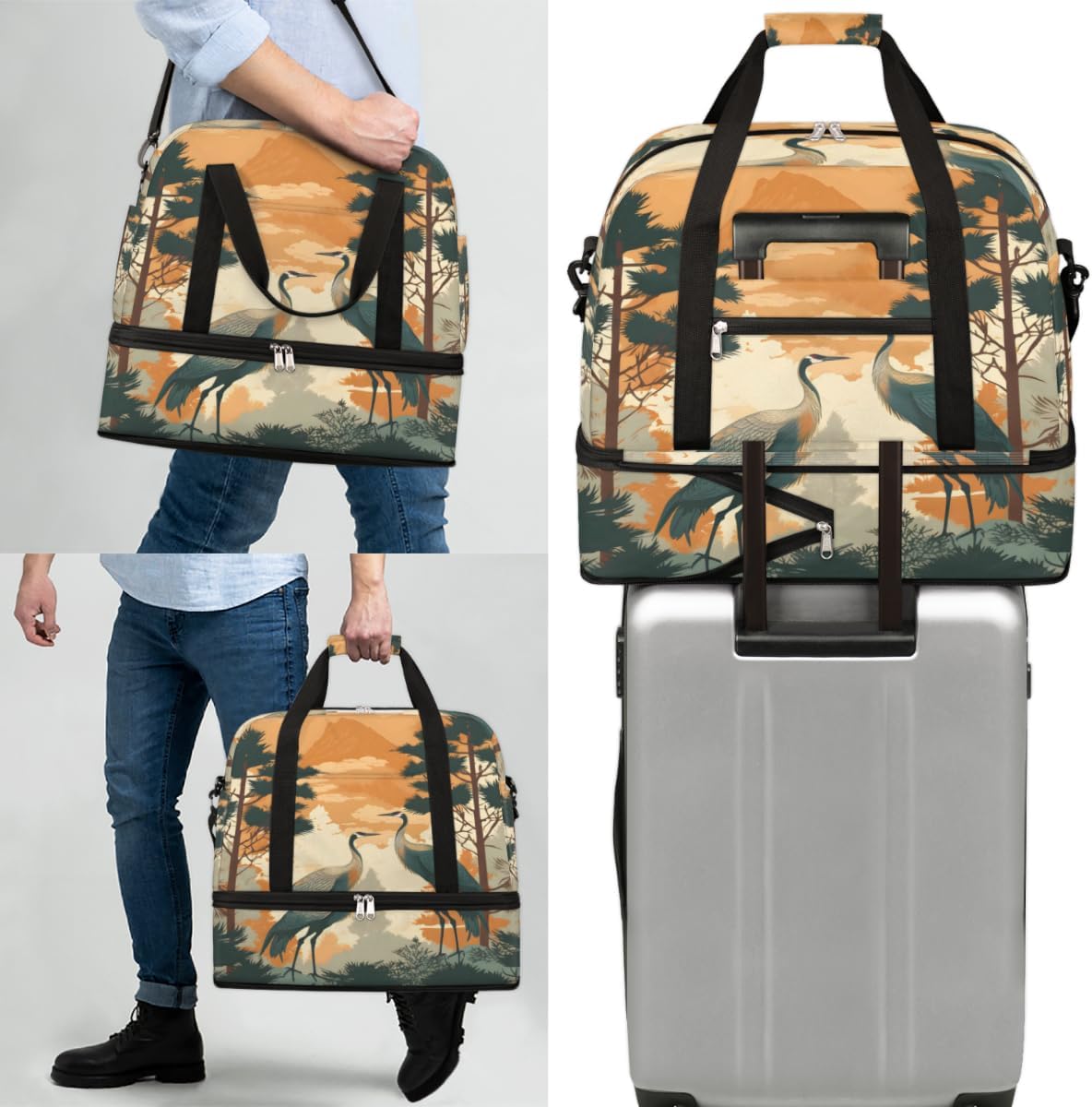 QsirBC Amusing Cranes Theme Gym Bag for Women Duffle Tote with Shoes Compartment Men Weekender Duffel for Dance Travel Sports Swimming Overnight