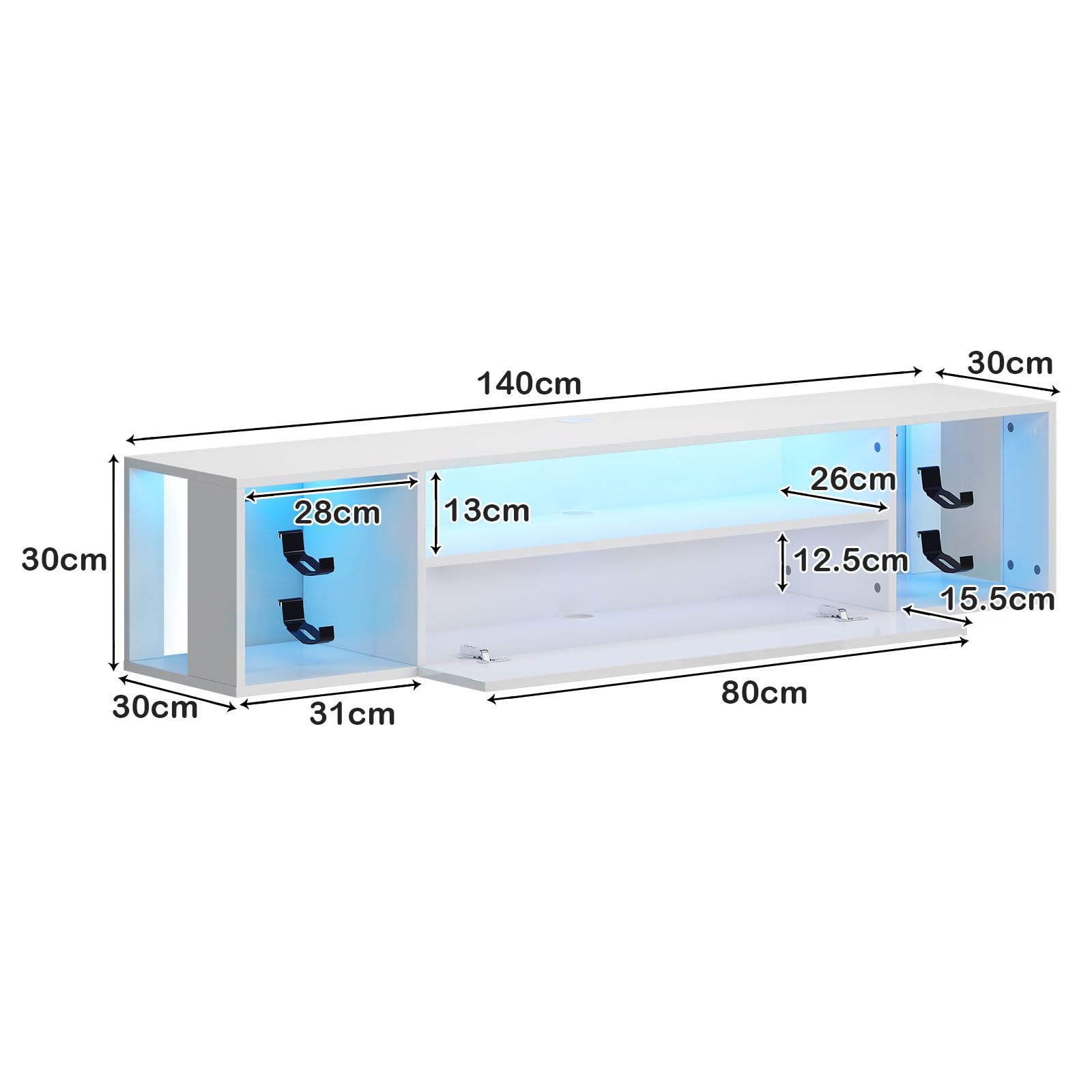 SogosHome Mueble de TV Flotante Soporte TV con Luces LED, Estante de Pared para Consolas y Mandos, Moderno Centro de Entretenimiento Mueble Colgante para Salón Moderno, 140 x 30 x 30 cm
