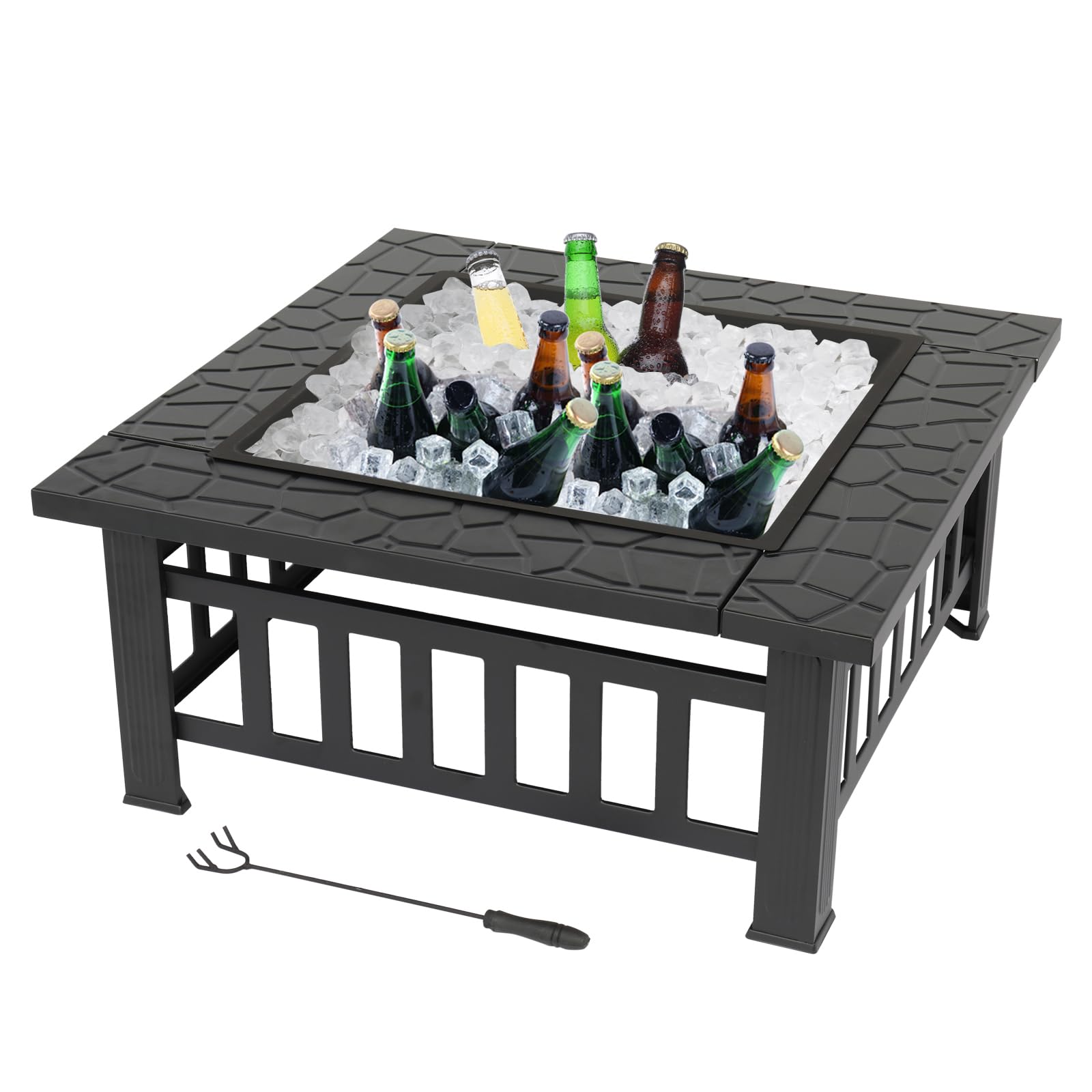 LEADZM Feuerschale mit Grillrost | Feuerkorb 3-in-1 Multifunktional, Feuerhaken & Schutzhülle, Feuerstelle für Holz/Kohle, BBQ Party Garten Terrasse Outdoor,82 x 82 x 52 cm