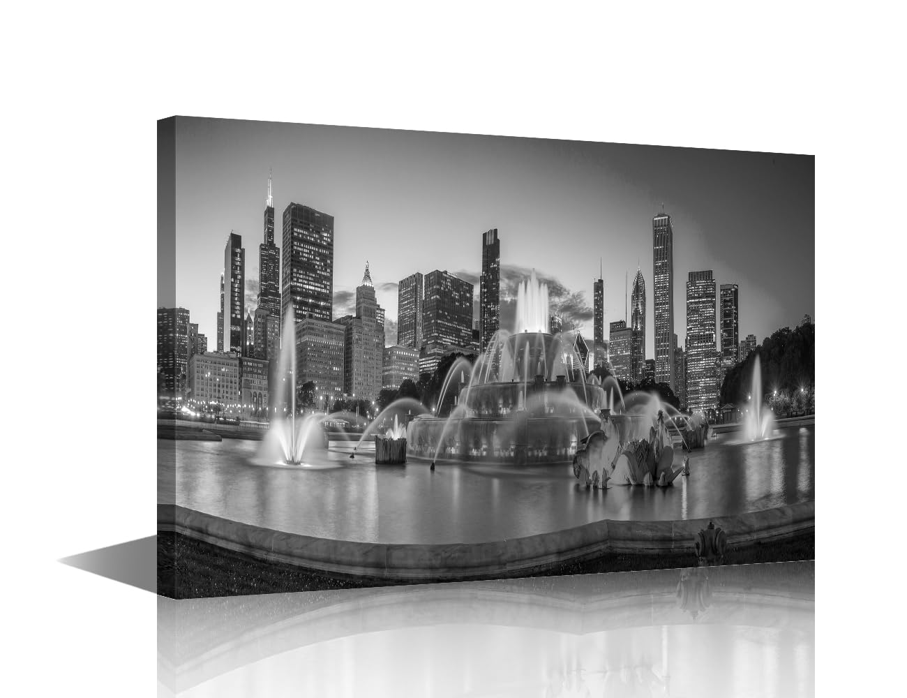 Chicago Skyline Pictures Black and White Paintings Buckingham Fountain Wall Art for Living Room American Artwork 1 Piece Prints on Canvas House Modern Decor Framed Ready to Hang(24" Wx36 H)