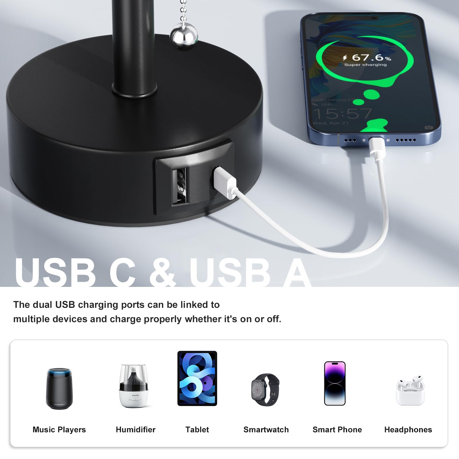 Fenmzee USB-Nachttischlampen, Set mit 2–3 Farbtemperaturen, Zugkettenlampe mit USB-C- und A-Ladeanschlüssen, runde Nachttischlampen für Schlafzimmer