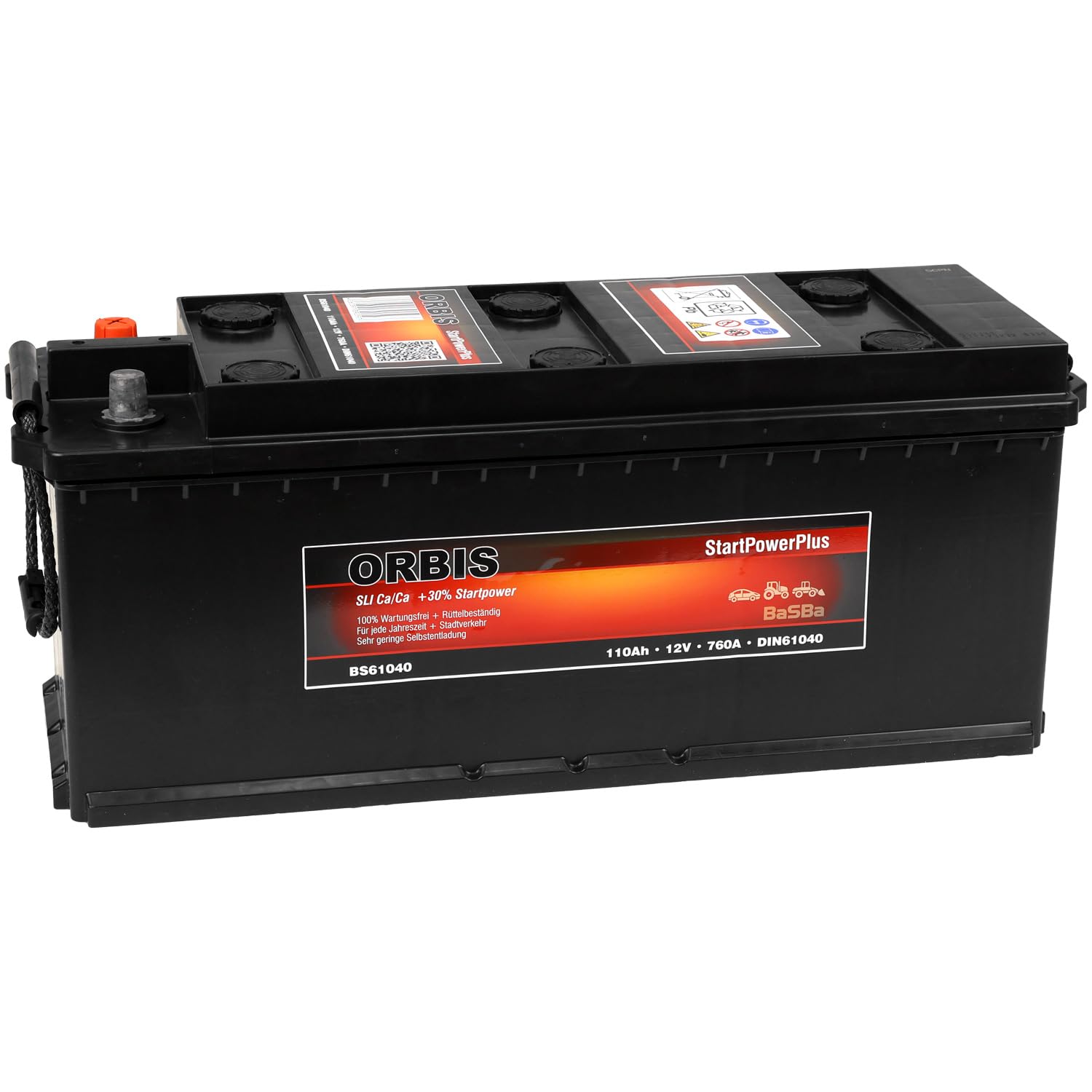 LKW Starterbatterie 12 V 110 Ah – wartungsfrei, gefüllt & geladen, robuste Ca/Ca Technologie mit starker Kaltstartreserve 760 A für Nutzfahrzeuge Orbis BS61040 | BaSBa 4906