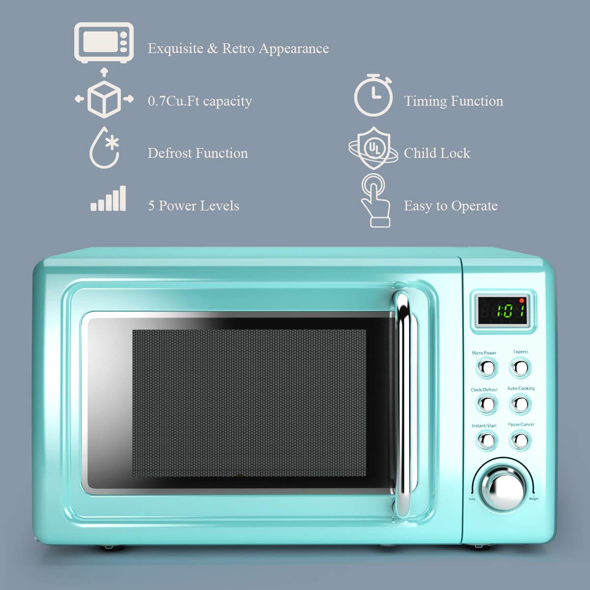 Nightcore Countert - Horno microondas retro, grande de 0.7 pies cúbicos, 700 vatios, encimera de acero laminado en frío con ajuste de tiempo, placa giratoria de vidrio, cocina preprogramada, 18 5
