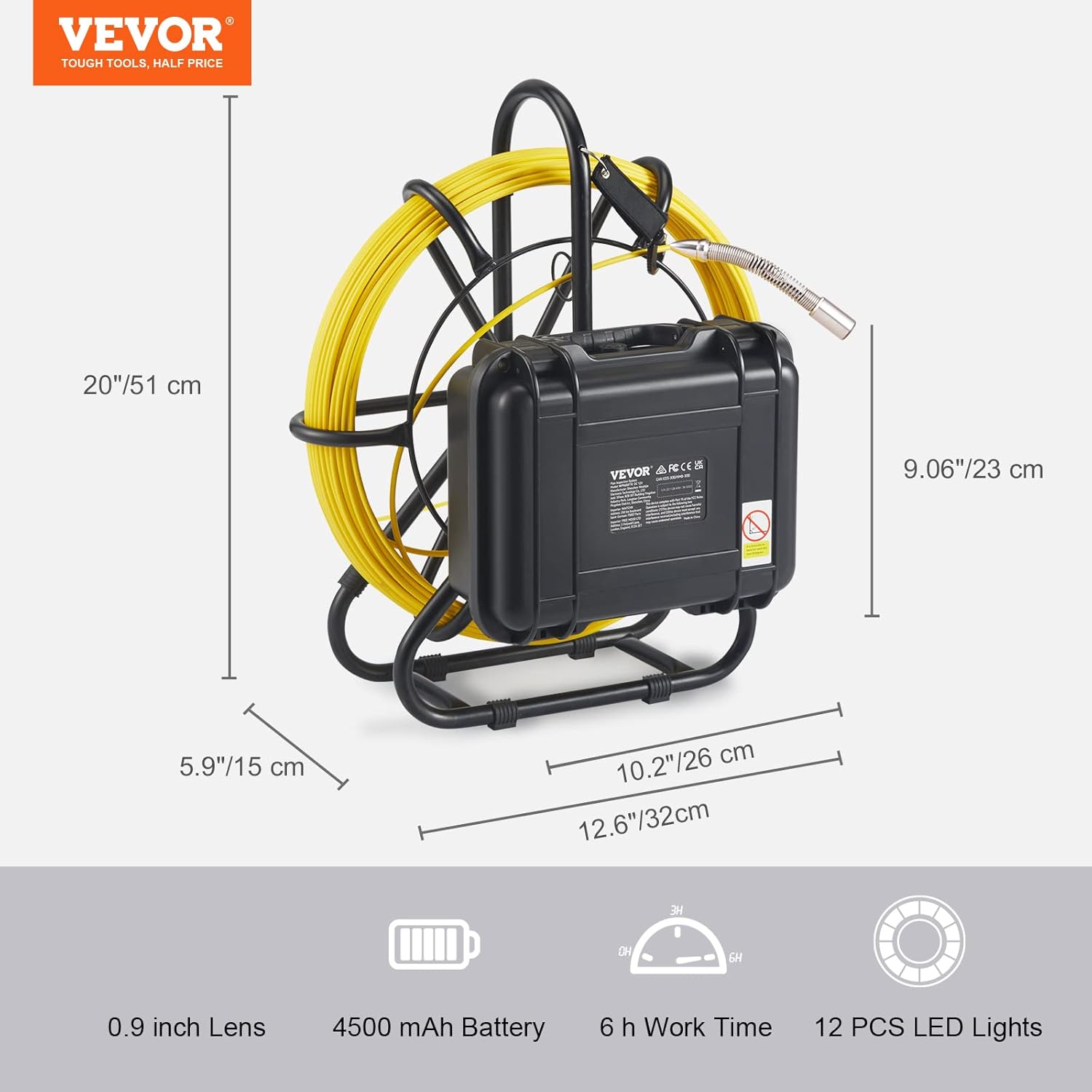 VEVOR Sewer Camera, 165 ft/50 m, 9" Screen Pipeline Inspection Camera with DVR Function, Waterproof IP68 Camera w/12 Adjustable LEDs, w/a 16 GB SD Card for Sewer Line, Home, Duct Drain Pipe Plumbing