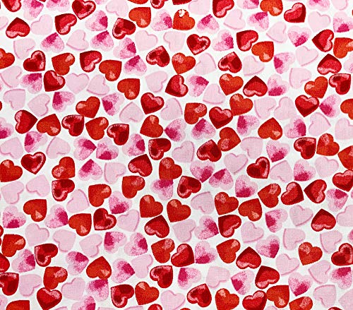 Tissu popeline de coton – Motif cœur rouge et rose sur fond blanc – Tissu au mètre