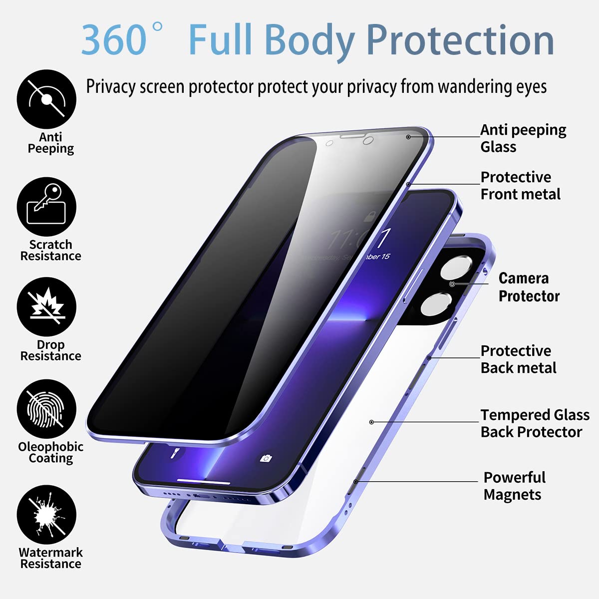 OMGZONE Privacy Case for iPhone 13 Magnetic Cover,Screen Protector built-in Anti-peep Tempered Glass Full Cover with Camera Protector,360 Degree Metal Bumper Case for iPhone 13,Blue - Image 3