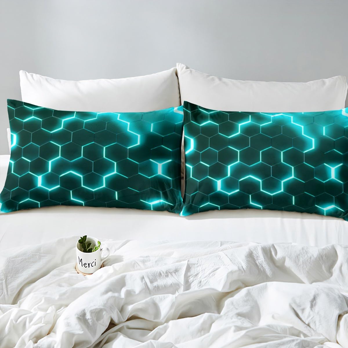 Homewish Teal Black Boys Bedding Double Neon Turquoise Geometric Honeycomb Duvet Cover Hexagon Bedding Sets Modern Fashion Geometrical Bed Set Reversible Black 2 Pillow Cases - Image 4