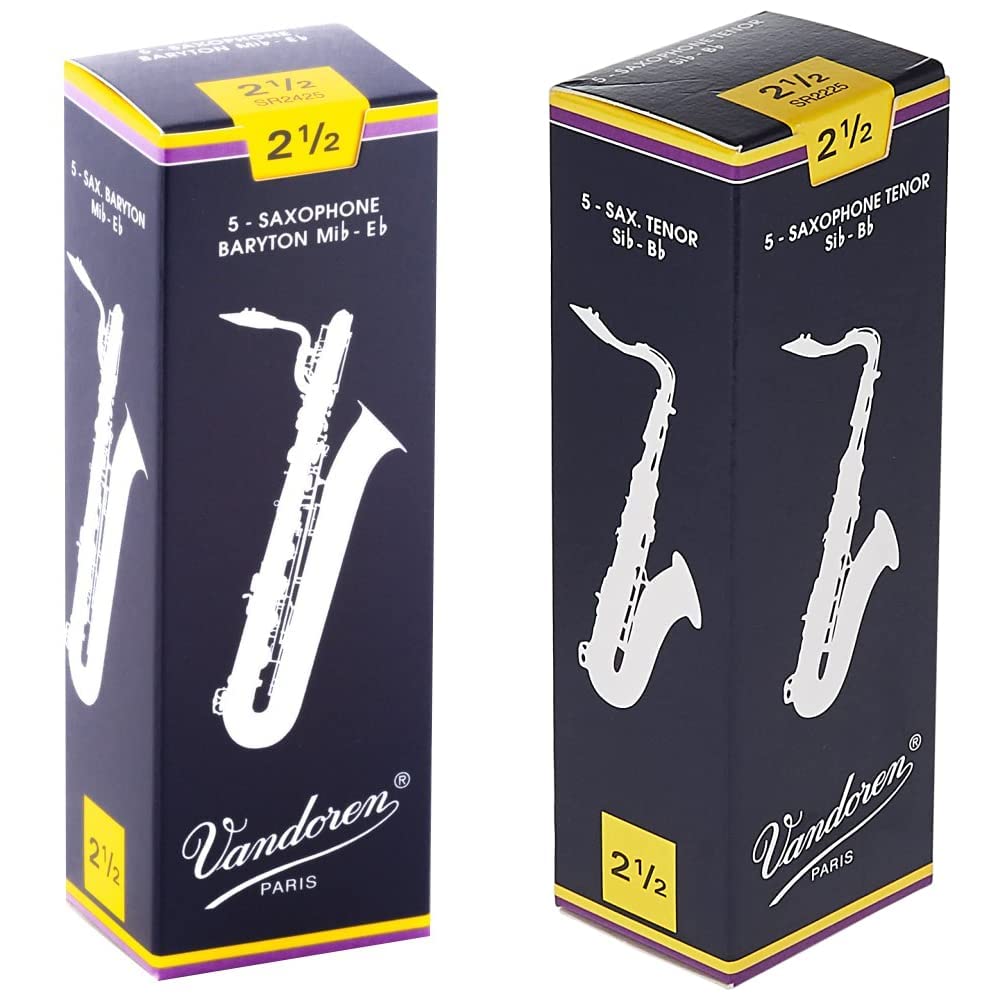 Vandoren SR2425 Bari Sax and SR2225 Tenor Sax Traditional Reeds Strength 2.5; Box of 5