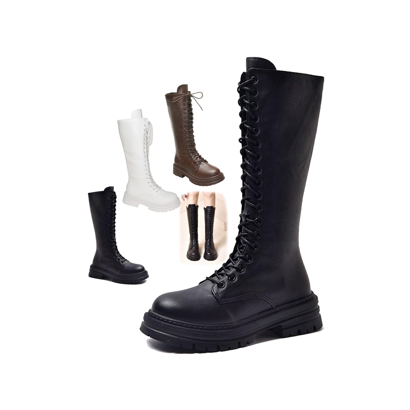 Womens Knee High Combat Boots Lace Up Platform Wide Calf Boot With Side Zipper Fall Winter Riding Shoes