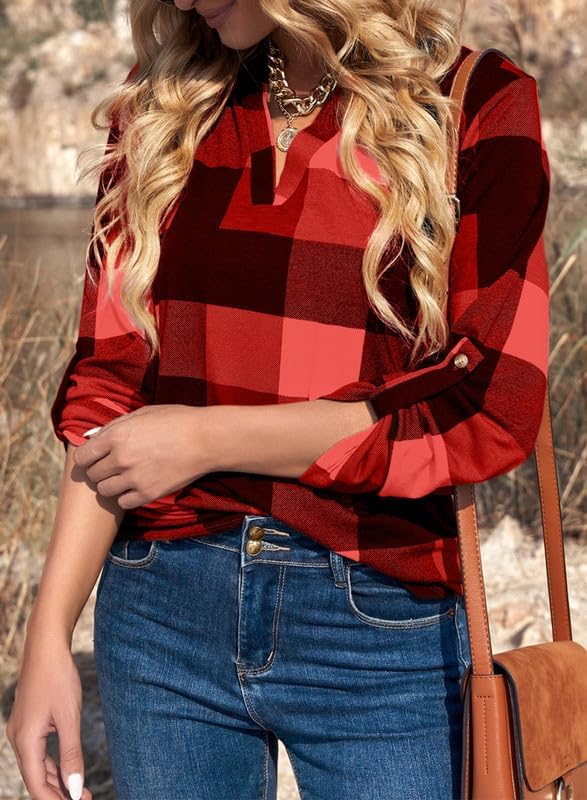 Image of Dokotoo Womens Tops Plaid Cotton Cuffed 3 /4 Sleeve Shirts Blouses