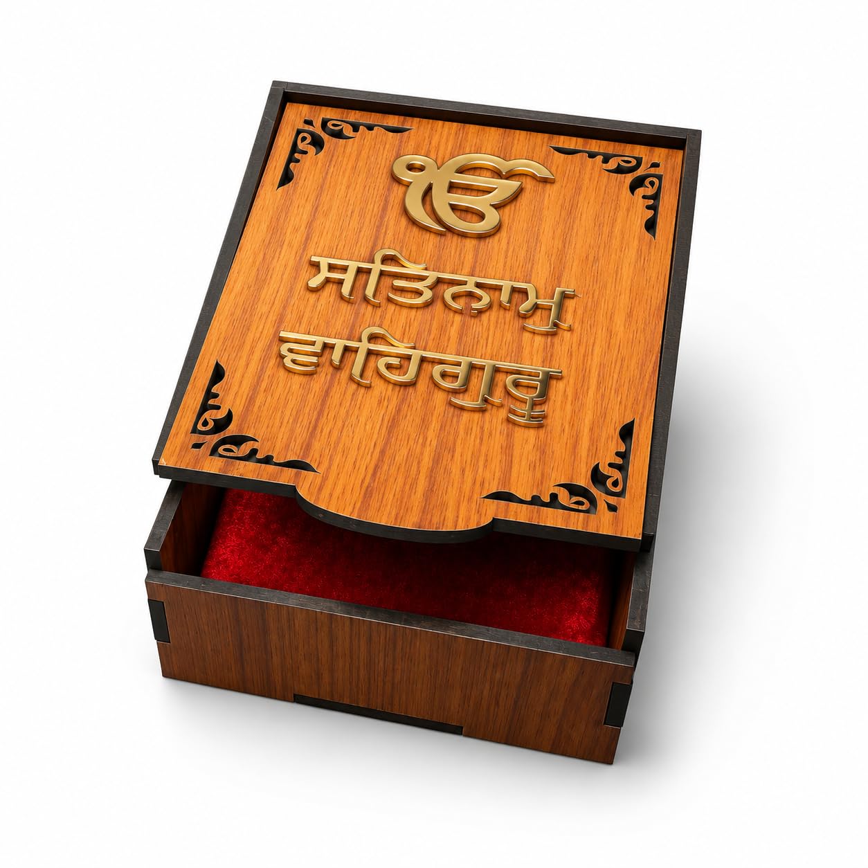 Wooden Nitnem Gutka Sahib Storage Box Cover with Ik Onkar SATNAM WAHEGURU Engraving WITH Red Velvet Interior, 16x12x6 cm-image-16