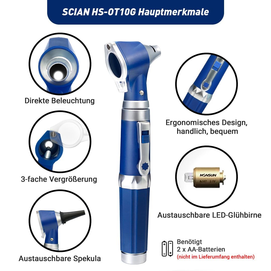 Scian Otoscopio Medico Profesional - Otoscopio Con Lámpara, 3 Magnificaciones, 4 Herramientas De Diagnóstico Para El Cuidado Del Oído Del Tamaño De La Lente, Caja De Plástico Duro (Blue1)