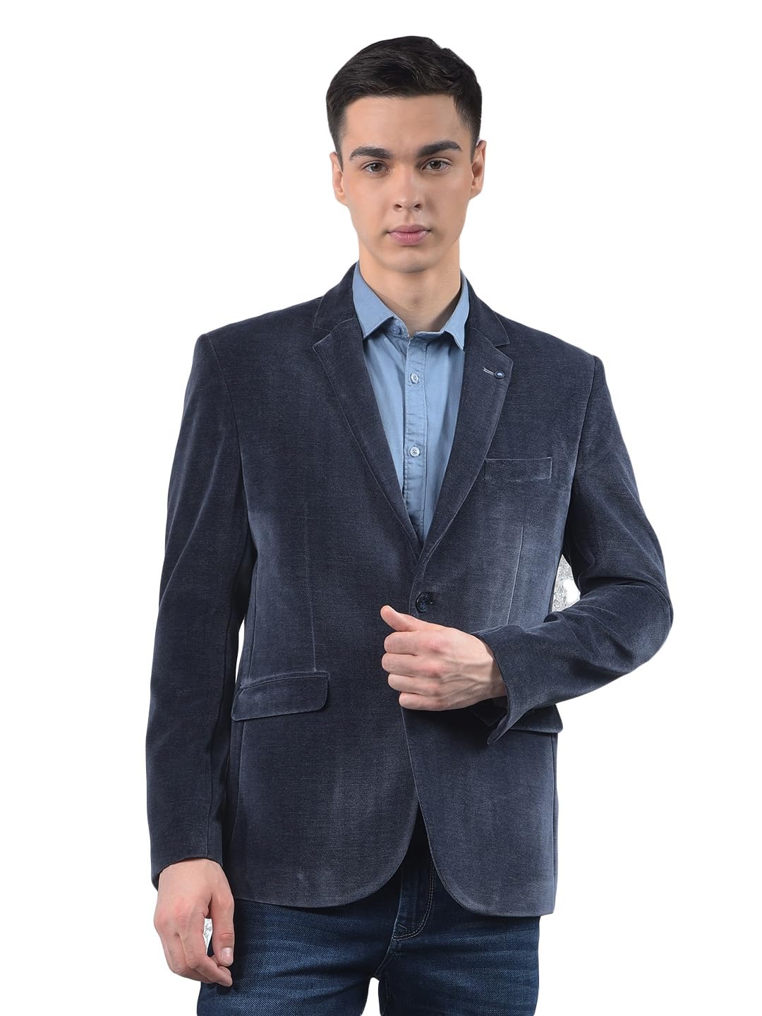 crimsoune club Men Blue Single-Breasted Velvet Blazer-picture-22