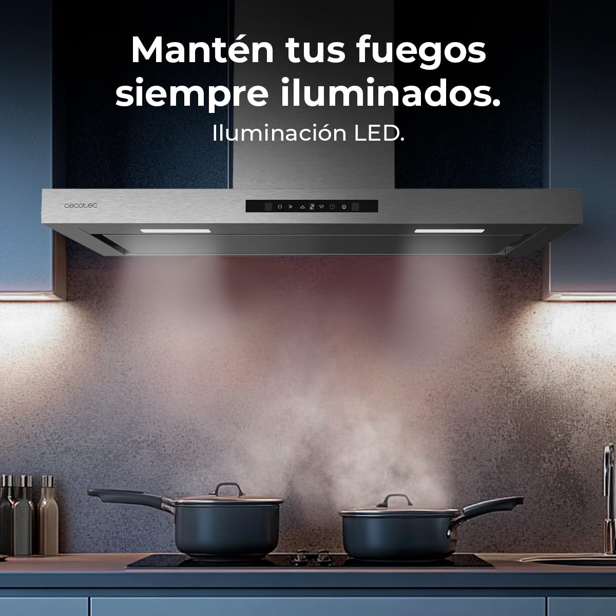 Cecotec Campana Extractora 90 cm Flux TT 908000 Glass Black A++, Clase A, 210W, Fuerza de succión de 800 m³/h, Acabado inoxidable, Control táctil, Hand Movement Control, Delay Funtion, Iluminación LED