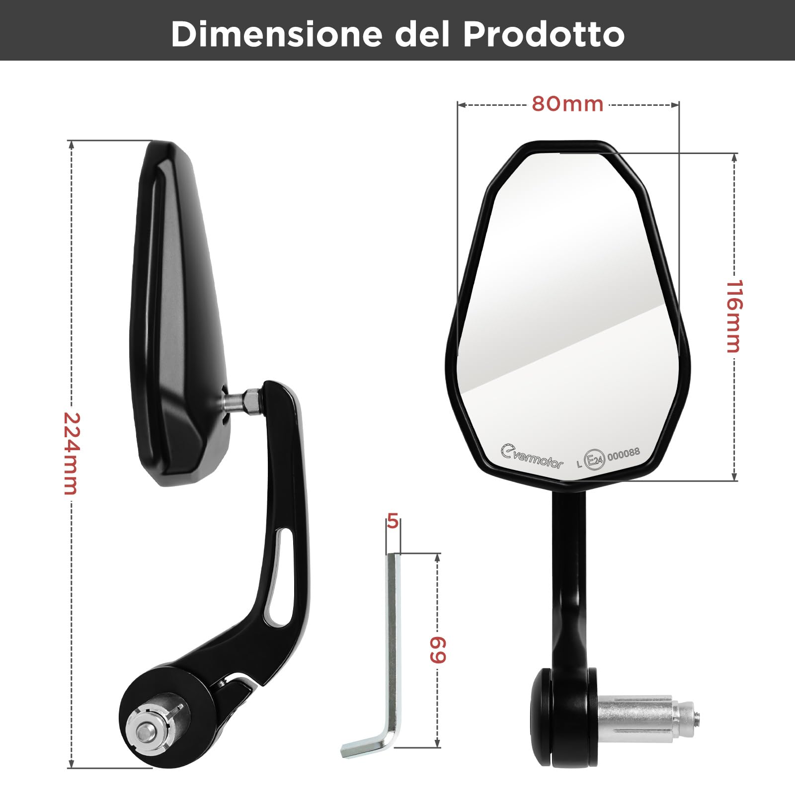 evermotor Universale Specchietto, E24 Specchietto Retrovisore per Moto, Specchietti End Bar, per scooter quad ATV scooter ciclomotore, 2 pezzi
