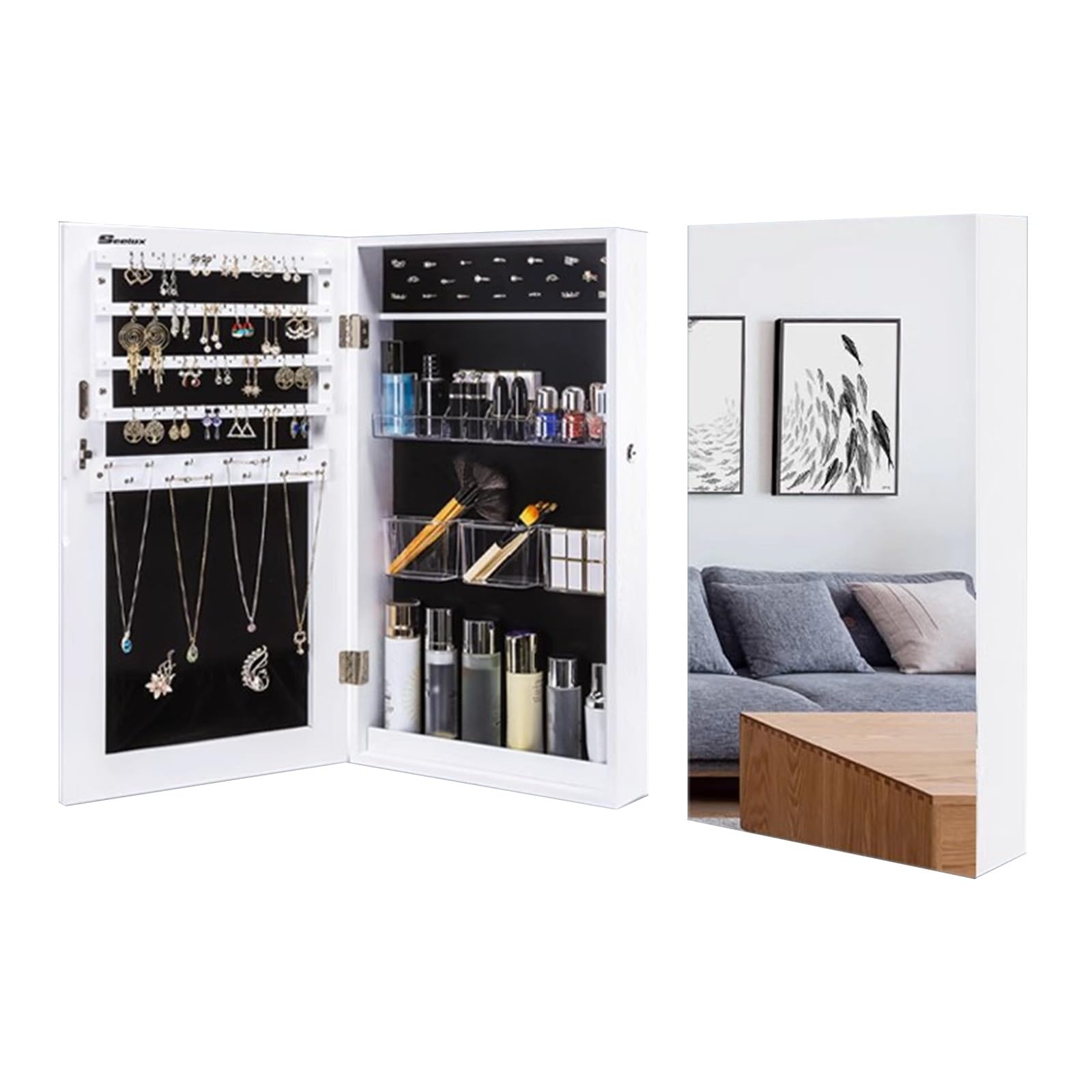 HXYhydrypd Lockable Wall Mounted Jewelry Organizer, Mirror Jewelry Cabinet Armoire, Jewelry Mirror Cabinet, White