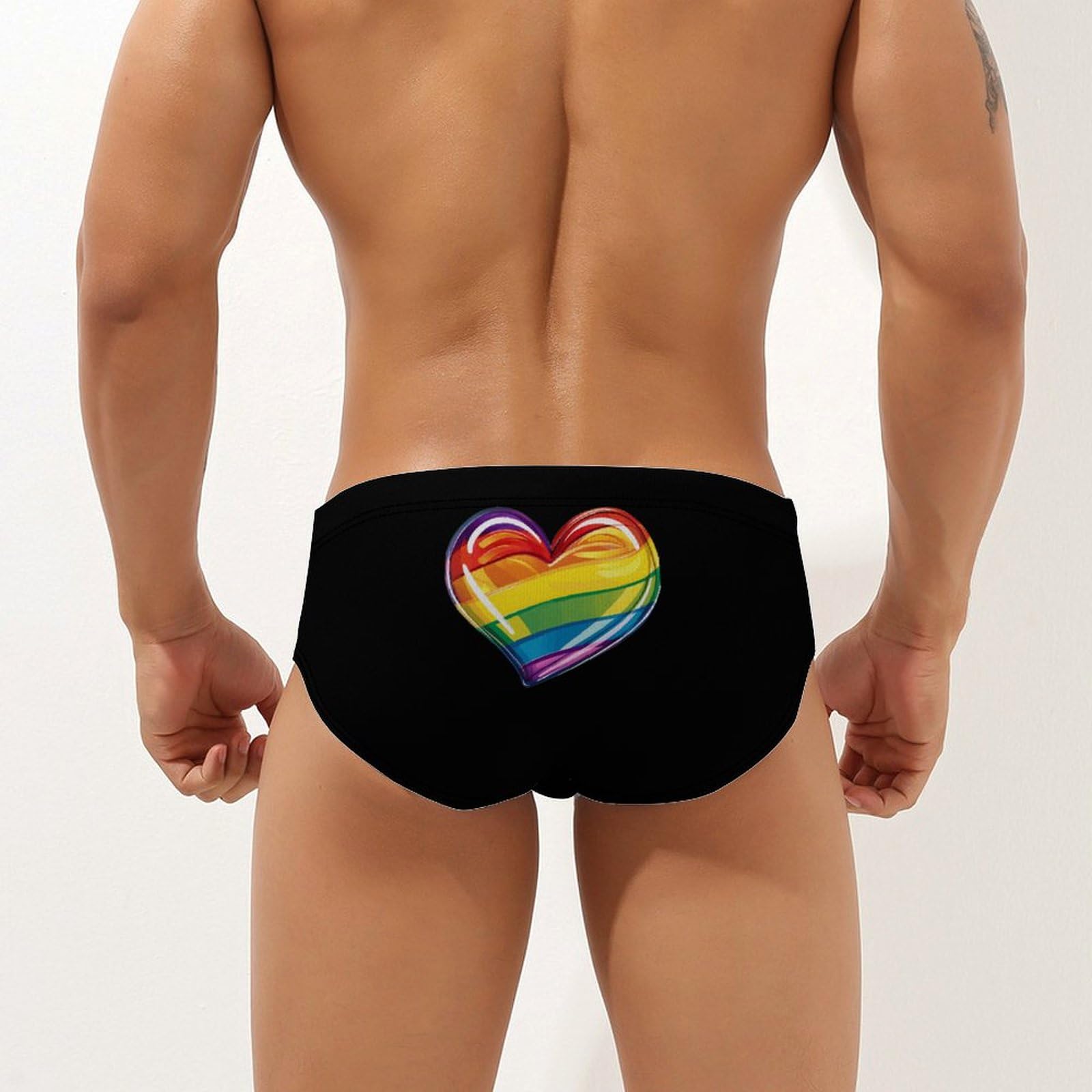 Rainbow LGBT Prideful Flag Heart Mens Swim Briefs Bikini Swimwear Print Beach Shorts Sexy Swimsuit L