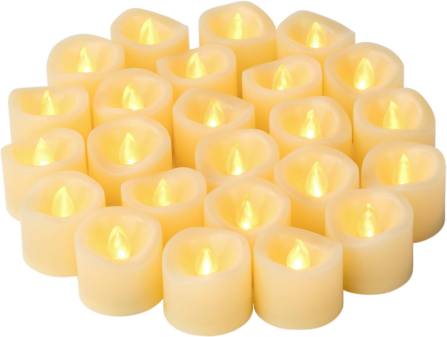 Led Flameless Flickering Votive Tea Lights Candles Battery Powered Set of 24 / Realistic Outdoor Electric Led Fake Tealight Candles Bulk for Wedding Decor, Party Decorations (Batteries Included)