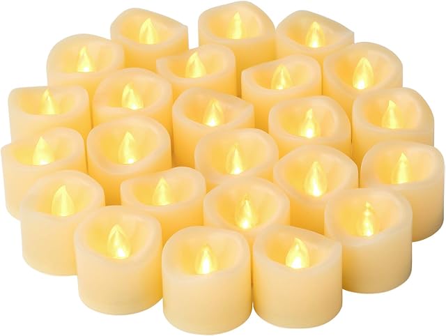 LED Flameless Flickering Votive Tea Lights Candle Battery Operated Set of 24 / Electric Flicker Tealights Bulk Candles for Wedding, Party, Festival, Christmas Decorations etc (Batteries Included)