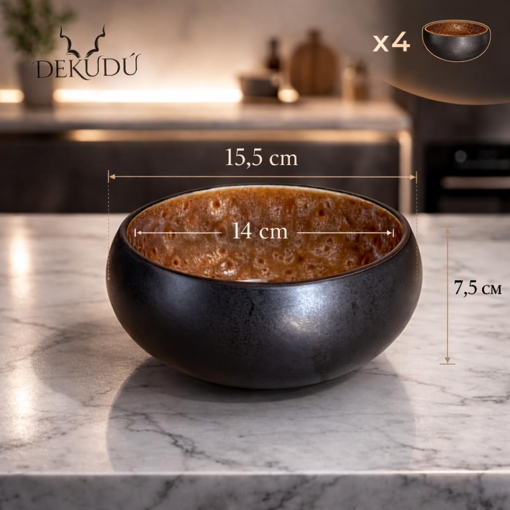 Bol Petit Dejeuner Assiettes Service de Table Céramique Bowls Grès de Qualité - Fait à la main - 4 pièces ∅ 15,5 cm-Résistant-va au lave-vaisselle micro-ondes - Vaisselle et arts de la table - Noir
