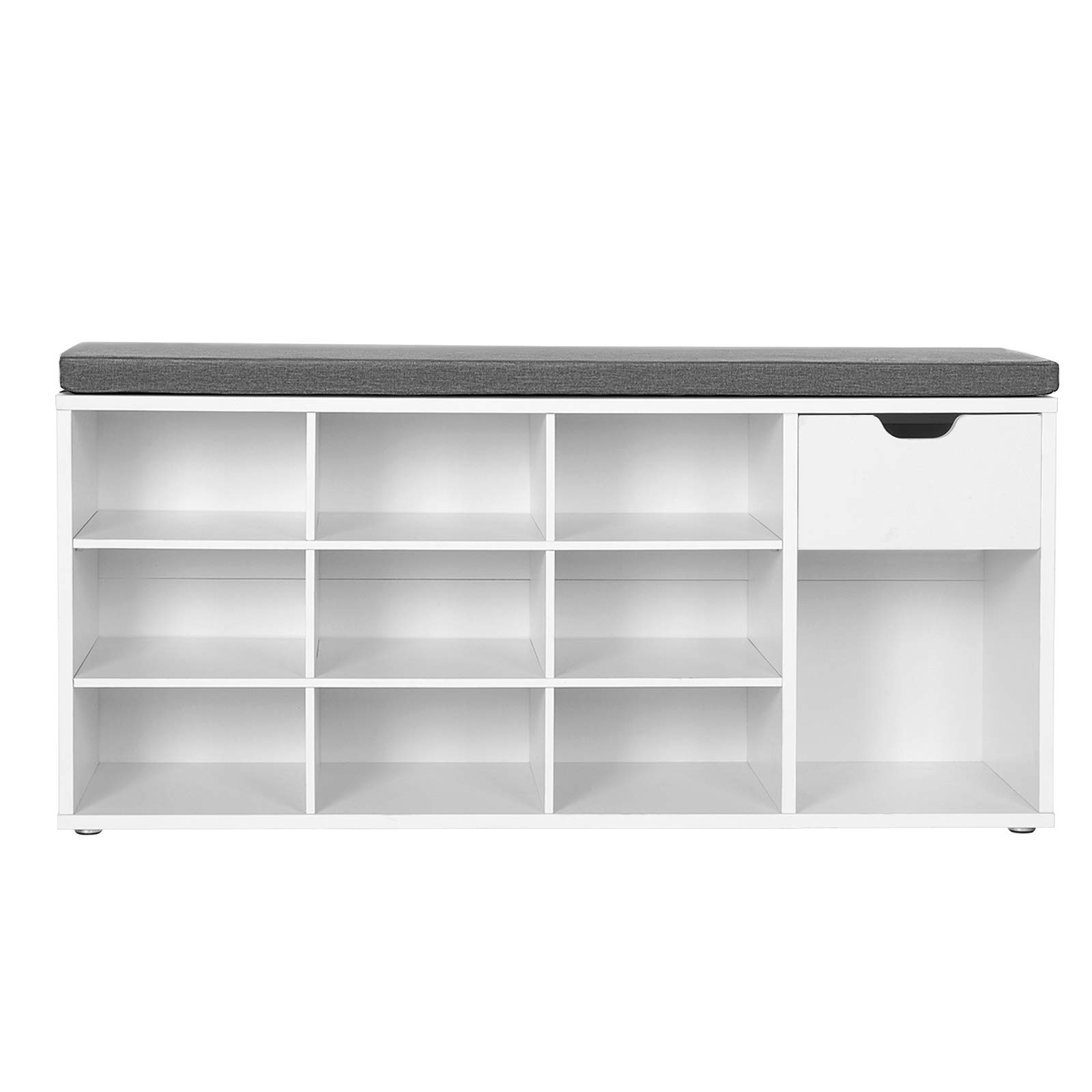 VASAGLE Custos Kollektion - Schuhbank, Schuhregal mit Schublade und offenen Fächern, Sitzbank, gepolsterter Sitz, Flur, Schlafzimmer und Eingangsbereich, 30 x 104 x 48 cm, weiß-grau LHS24WT