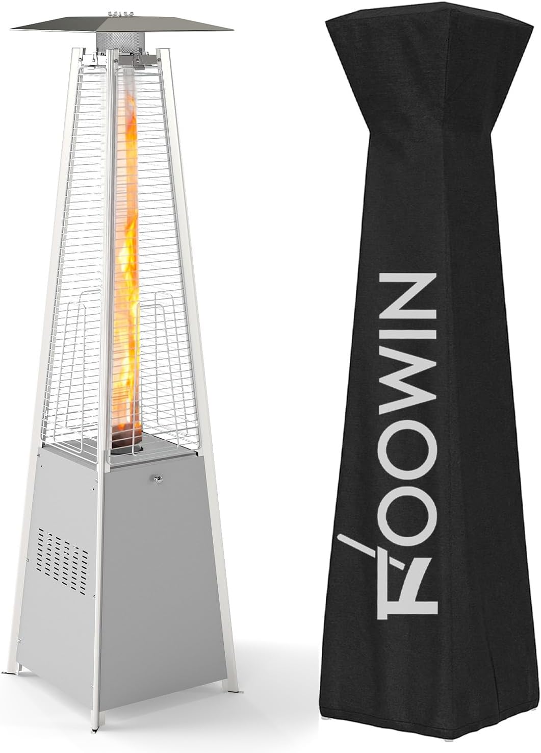 FOOWIN 48,000 BTU Propane Patio Heater with Wheels, Waterproof Cover & Gloves - Quartz Glass Tube Pyramid for Backyard Parties (Silver Grey)