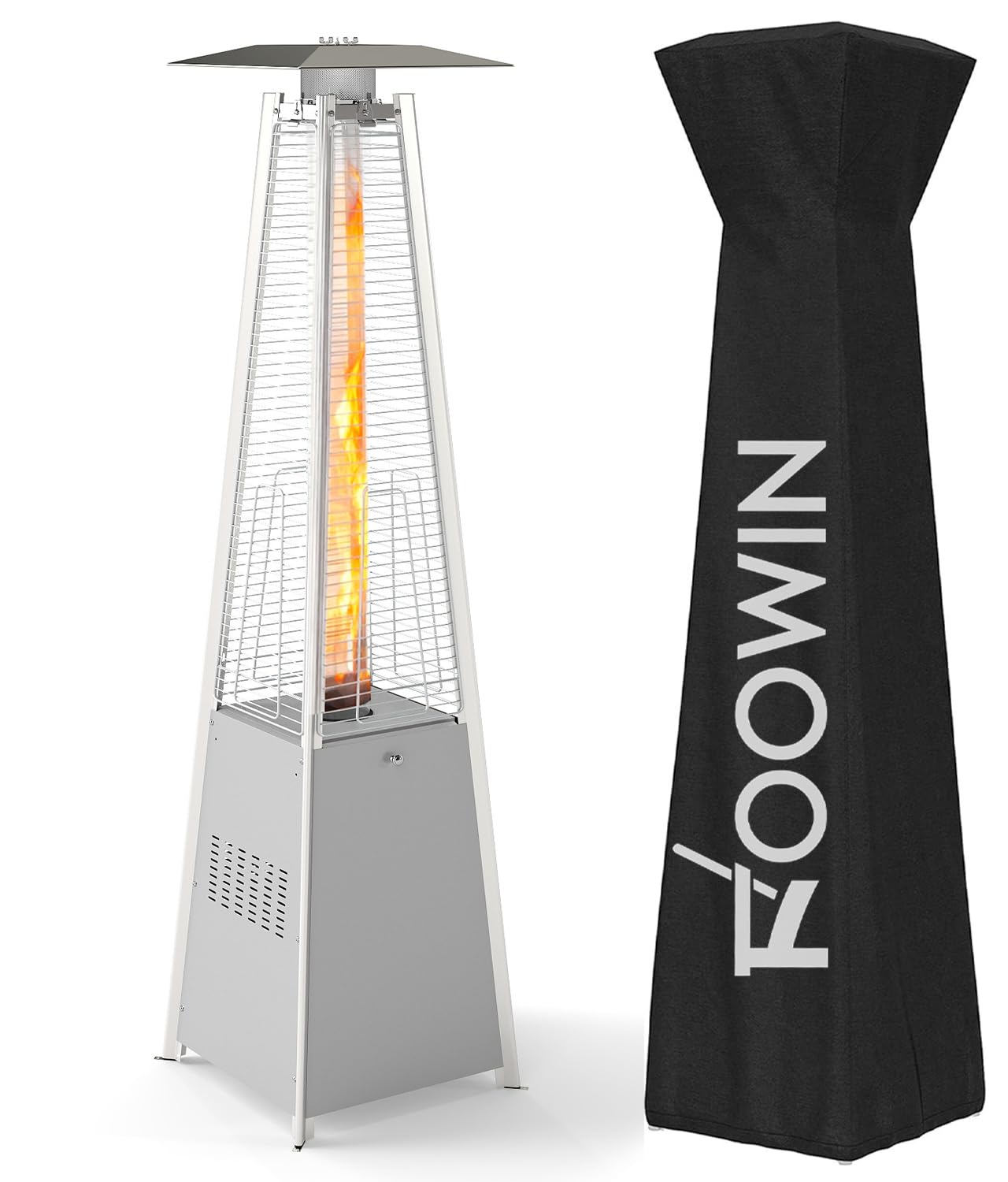 FOOWIN Propane Patio Heater, 48,000 BTU Outdoor Patio Heater with Wheels/Waterproof Cover & Gloves,Quartz Glass Tube Pyramid Outdoor Heater for Party,Backyard, Garden Silver Grey