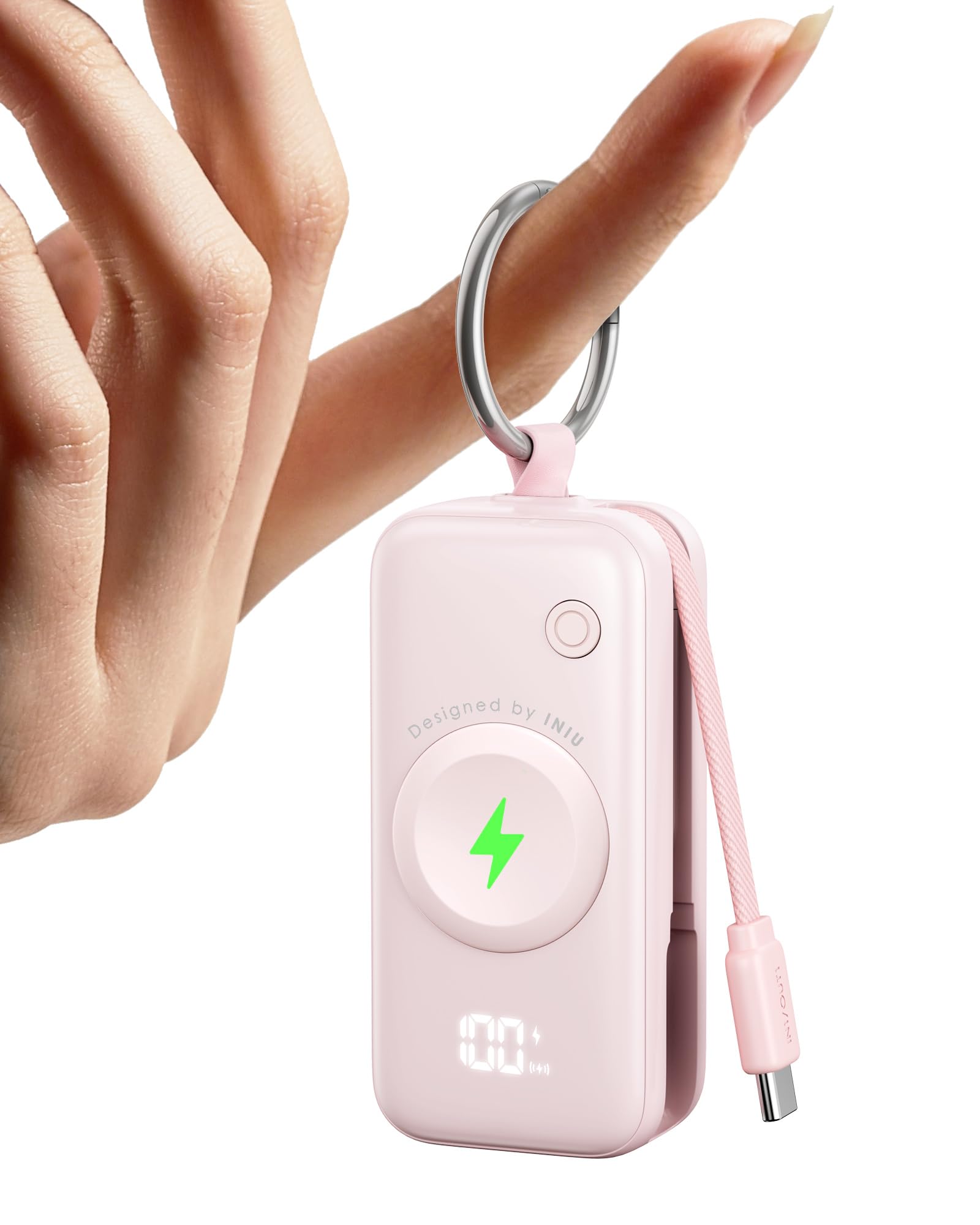 INIU Power Bank für Apple Watch, 5000mAh Powerbank mit eingebautem Kabel, Schlankes Reise Schlüsselanhänger Akkupack LCD-Display für iWatch 10/9/8/Ultra2/Ultra/SE, iPhone 16/15 Rosa