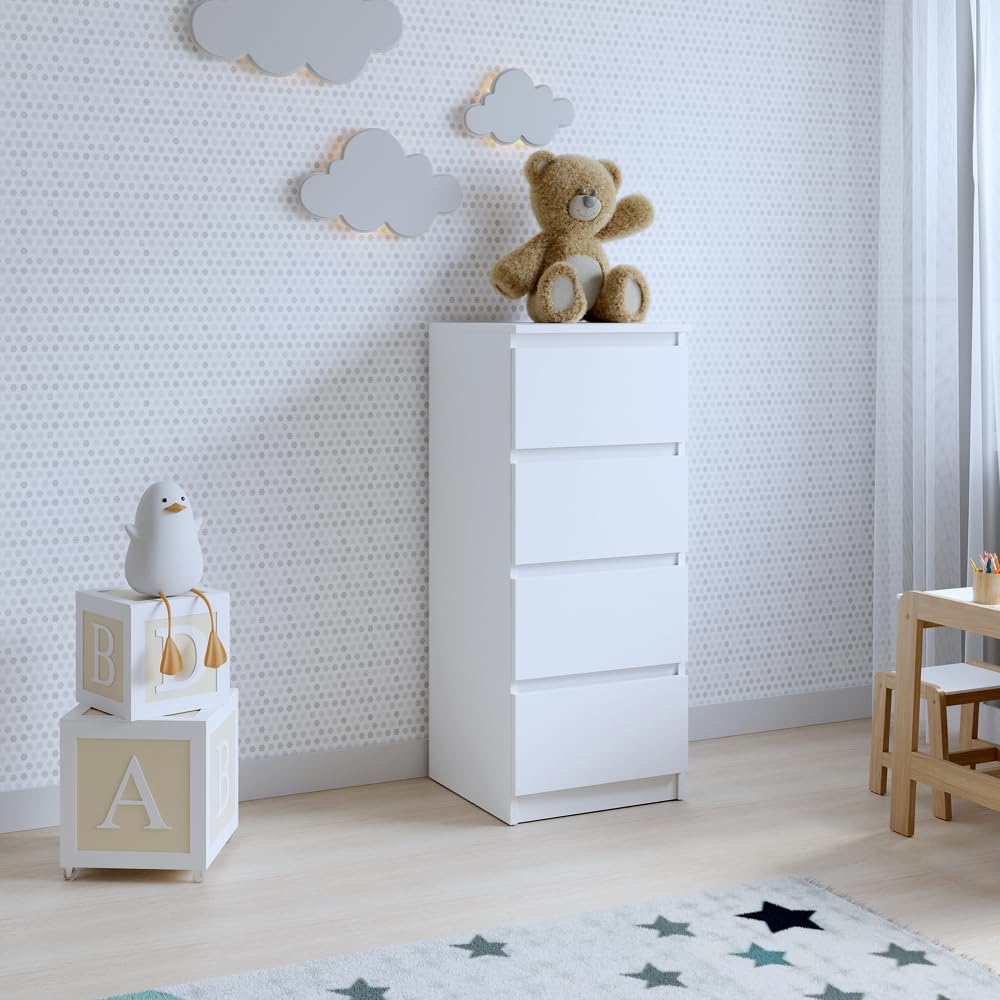 Kommode mit 4 Schubladen | Weiß 40 cm Ideal für Schlafzimmer, Wohnzimmer, Kinderzimmer und Büro | Geräumige Kommode| Modernes Design | 40 x 97 x 40 cm
