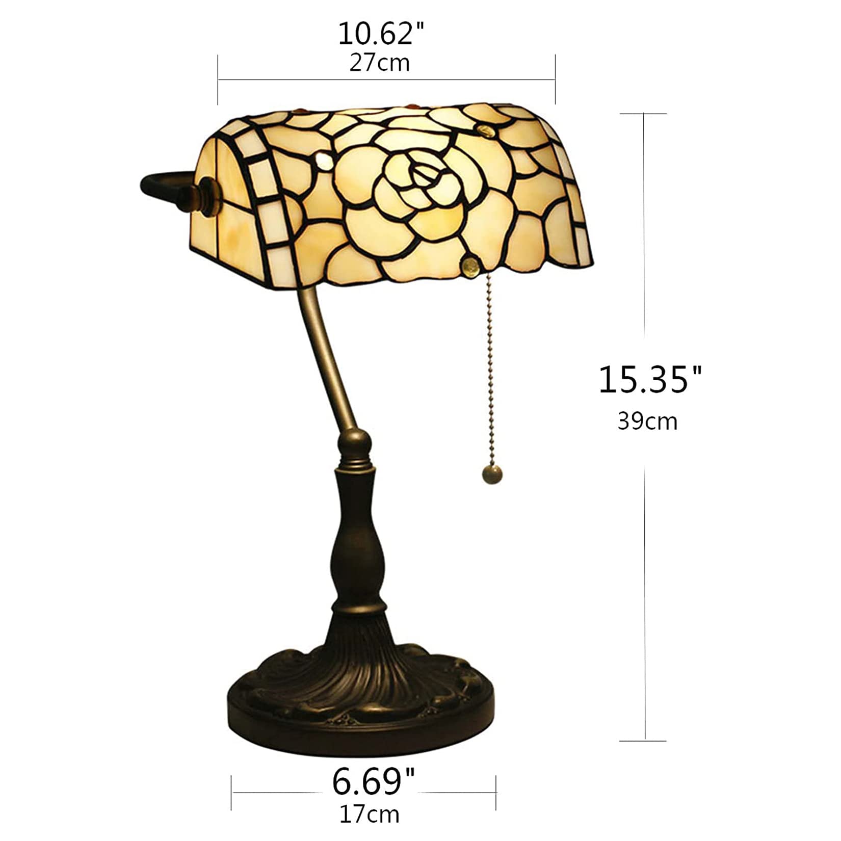 Lampada da banchiere, Lampada da Tavolo o scrivania in Vetro colorato con Rosa Beige Bianca, Lampada da Pianoforte, Lampada da Comodino per Camera da Letto per Ragazza Amante, Base in Lega con